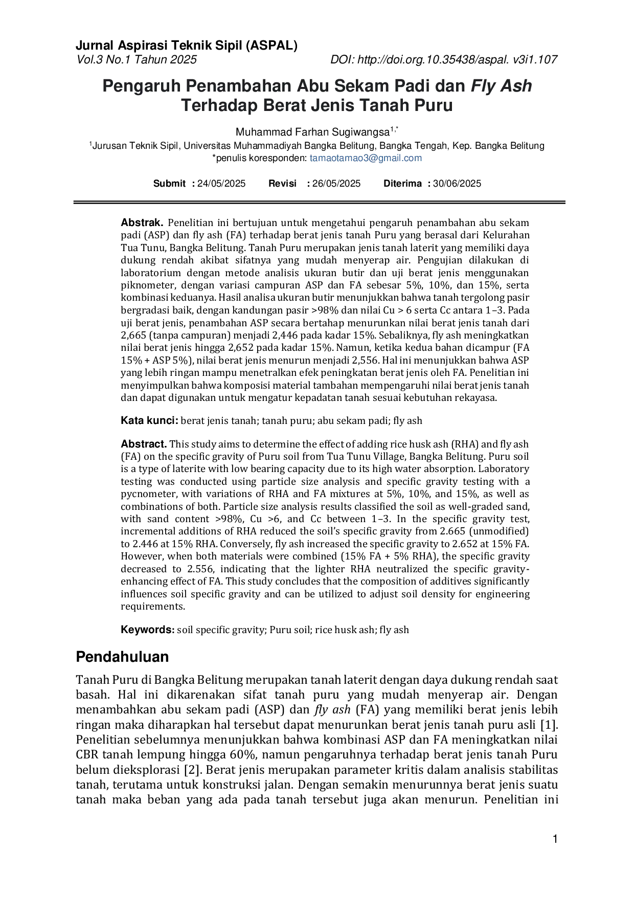 JURIS Pengaruh Penambahan Abu Sekam Padi dan Fly Ash Terhadap Berat Jenis Tanah Puru