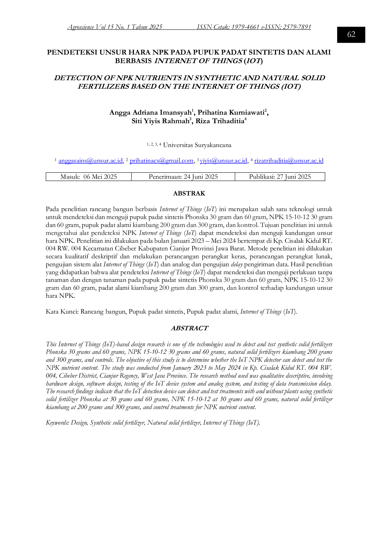 JURIS Pendeteksi Unsur Hara NPK pada Pupuk Padat Sintetis dan Alami Berbasis Internet of Things IoT