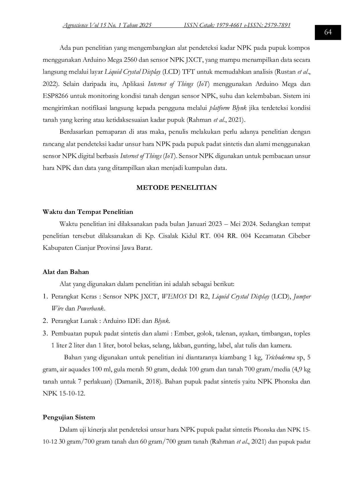 JURIS Pendeteksi Unsur Hara NPK pada Pupuk Padat Sintetis dan Alami Berbasis Internet of Things IoT