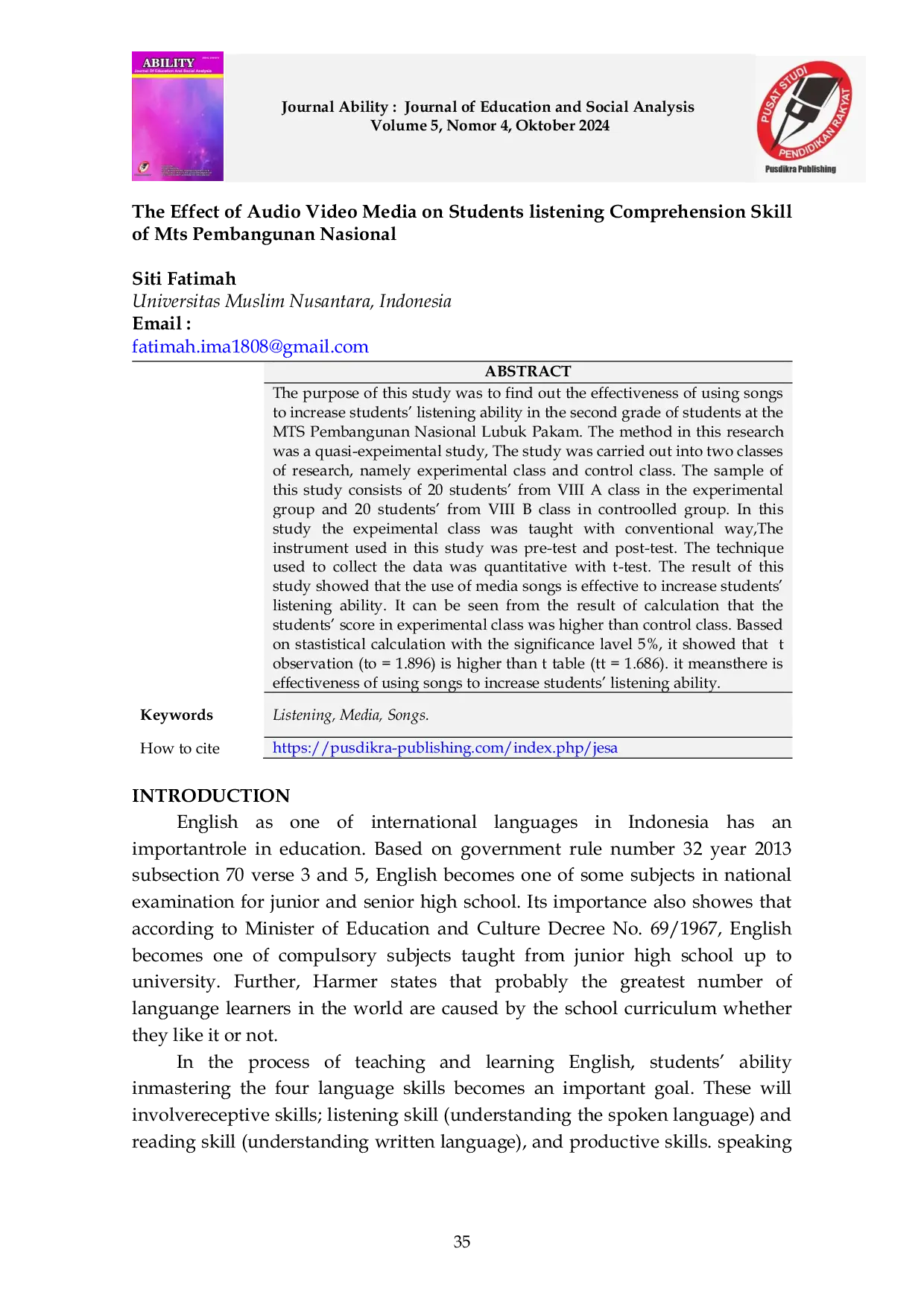 JURIS The Effect Of Audio Video Media On Students Listening Comprehension Skill Of Mts Pembangunan Nasional