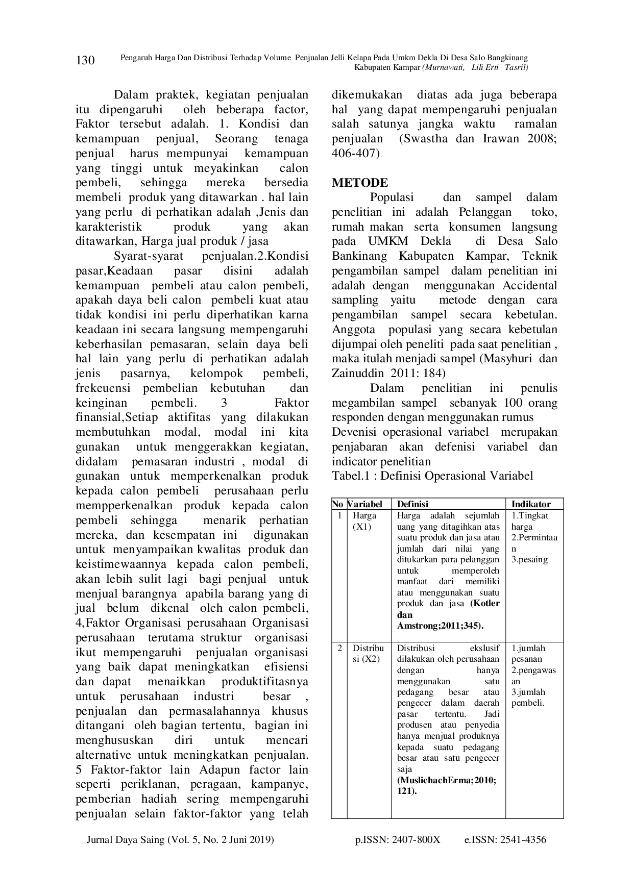 juris Pengaruh Harga Dan Distribusi Terhadap Volume Penjualan Jelli Kelapa Pada Umkm Dekla Di Desa Salo Bangkinang Kabupaten Kampar