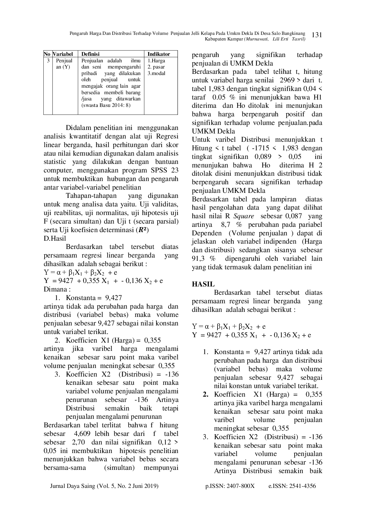 juris Pengaruh Harga Dan Distribusi Terhadap Volume Penjualan Jelli Kelapa Pada Umkm Dekla Di Desa Salo Bangkinang Kabupaten Kampar