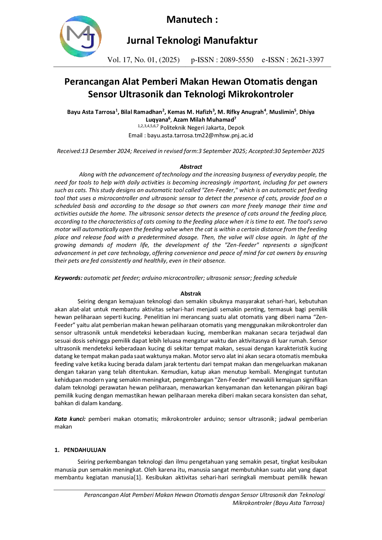 JURIS Perancangan Alat Pemberi Makan Hewan Otomatis dengan Sensor Ultrasonik dan Teknologi Mikrokontroler