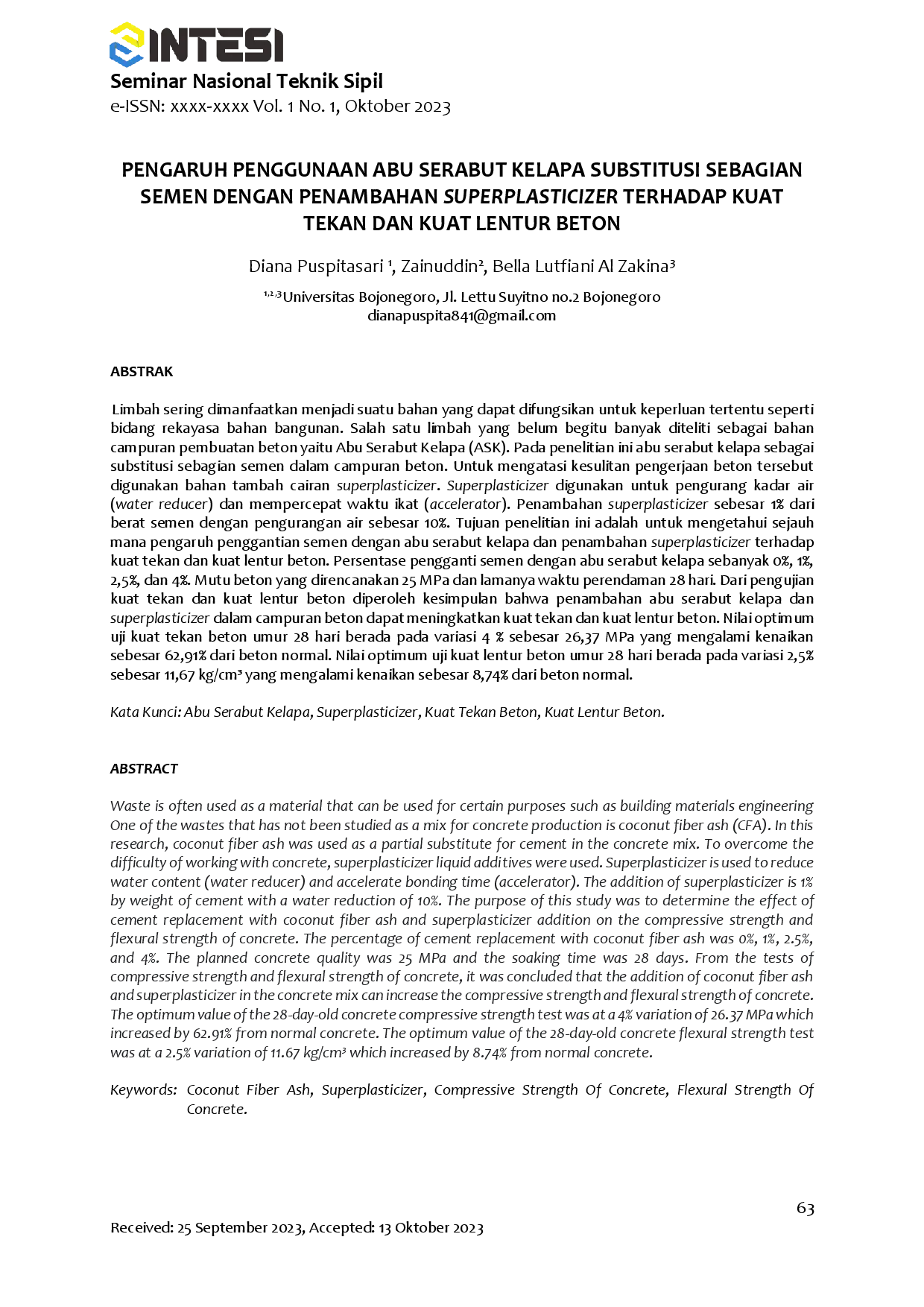 juris Pengaruh Penggunaan Abu Serabut Kelapa Substitusi Sebagian Semen dengan Penambahan Superplasticizer Terhadap Kuat Tekan dan Kuat Lentur Beton