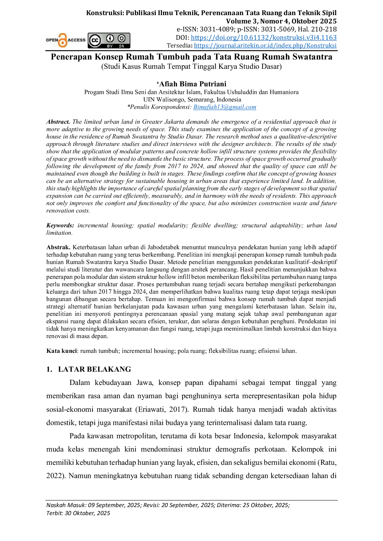 JURIS Penerapan Konsep Rumah Tumbuh pada Tata Ruang Rumah Swatantra Studi Kasus Rumah Tempat Tinggal Karya Studio Dasar