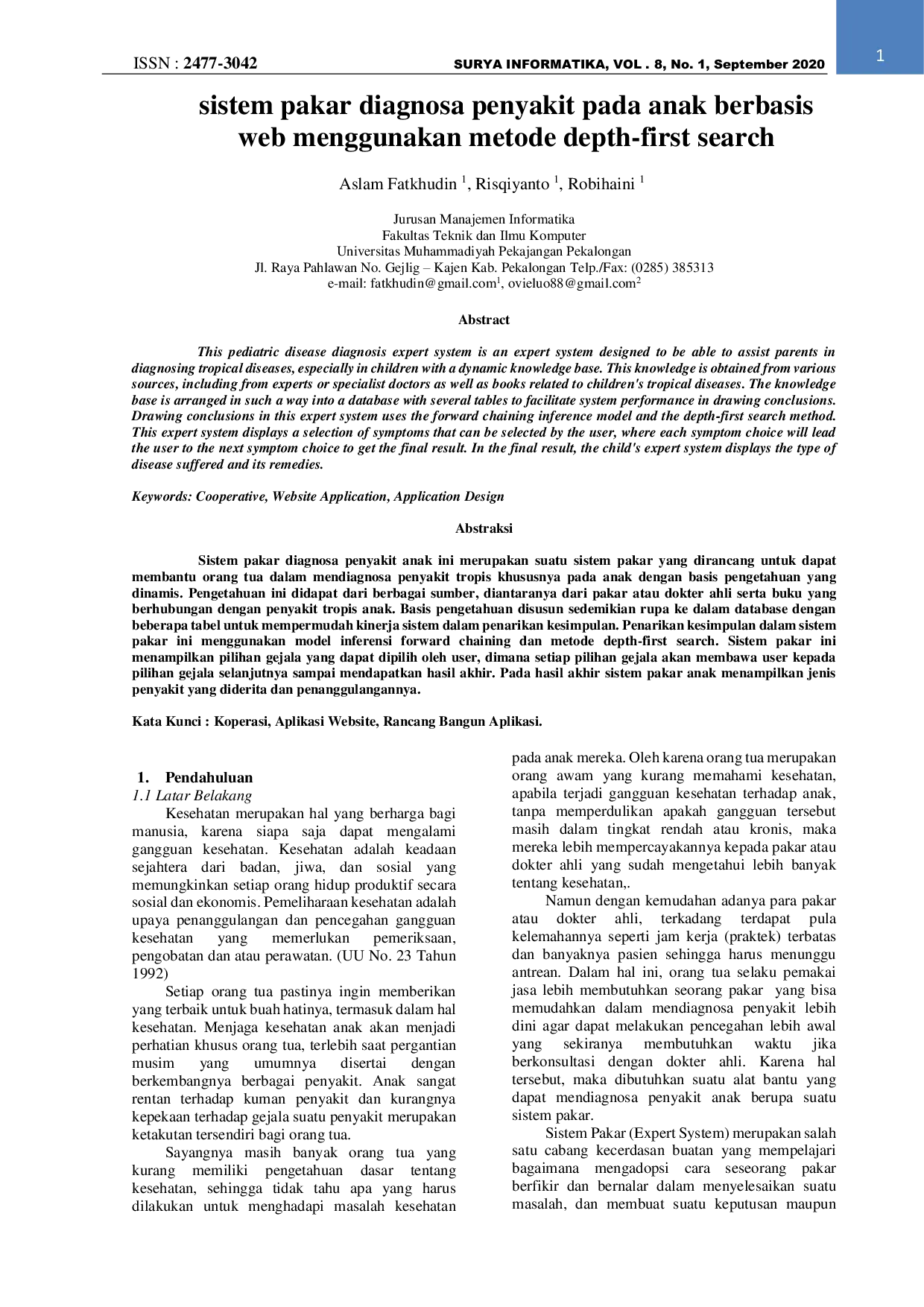 JURIS Sistem pakar diagnosa penyakit pada anak berbasis web menggunakan metode depth first search