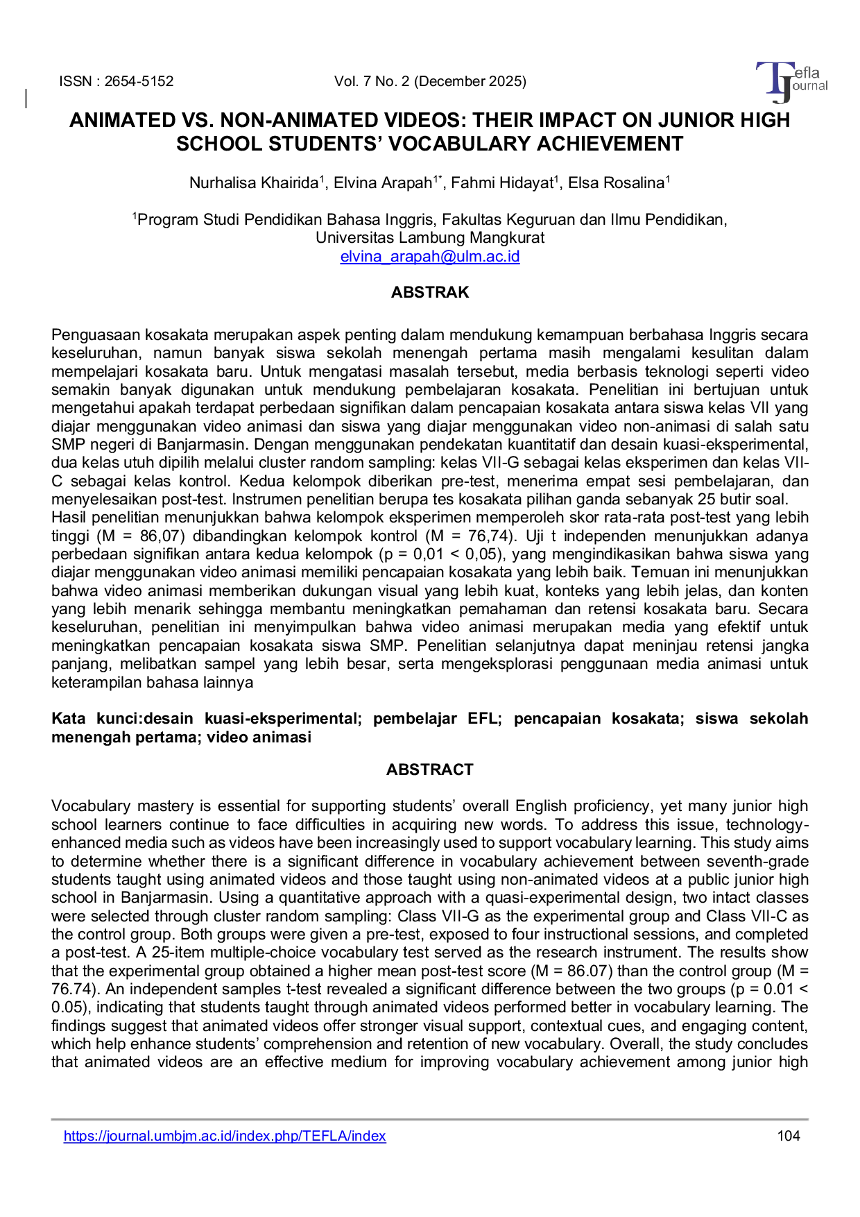 JURIS Animated vs Non Animated Videos Their Impact on Junior High School Students Vocabulary Achievement