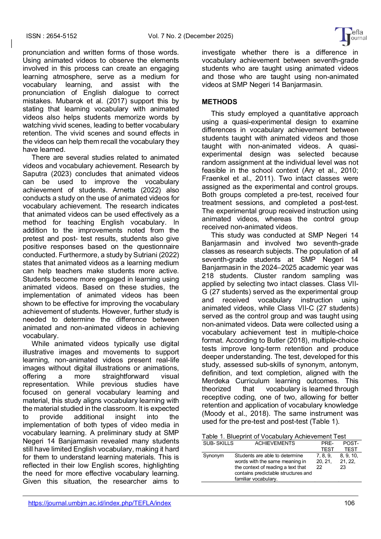 JURIS Animated vs Non Animated Videos Their Impact on Junior High School Students Vocabulary Achievement