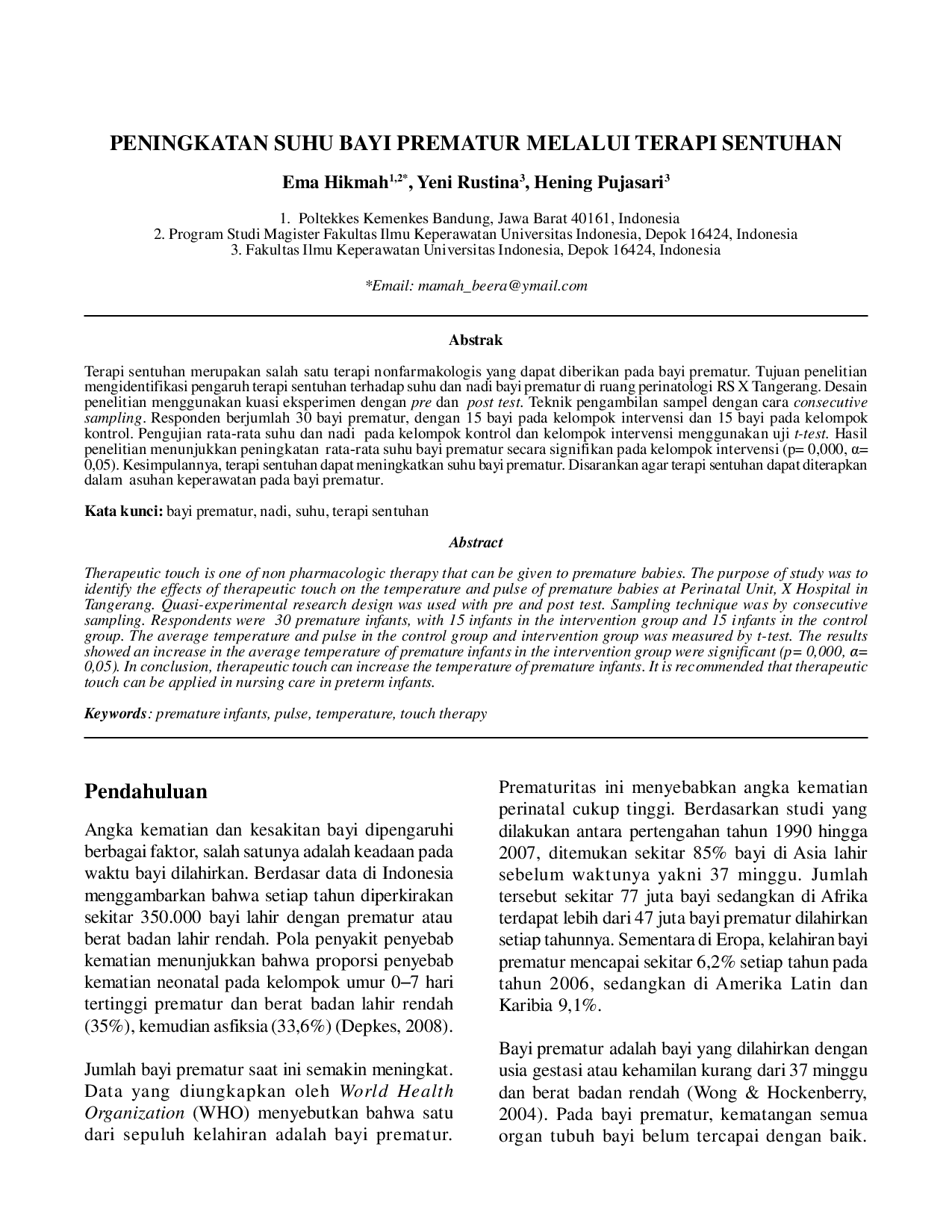 juris Peningkatan Suhu Bayi Prematur Melalui Terapi Sentuhan