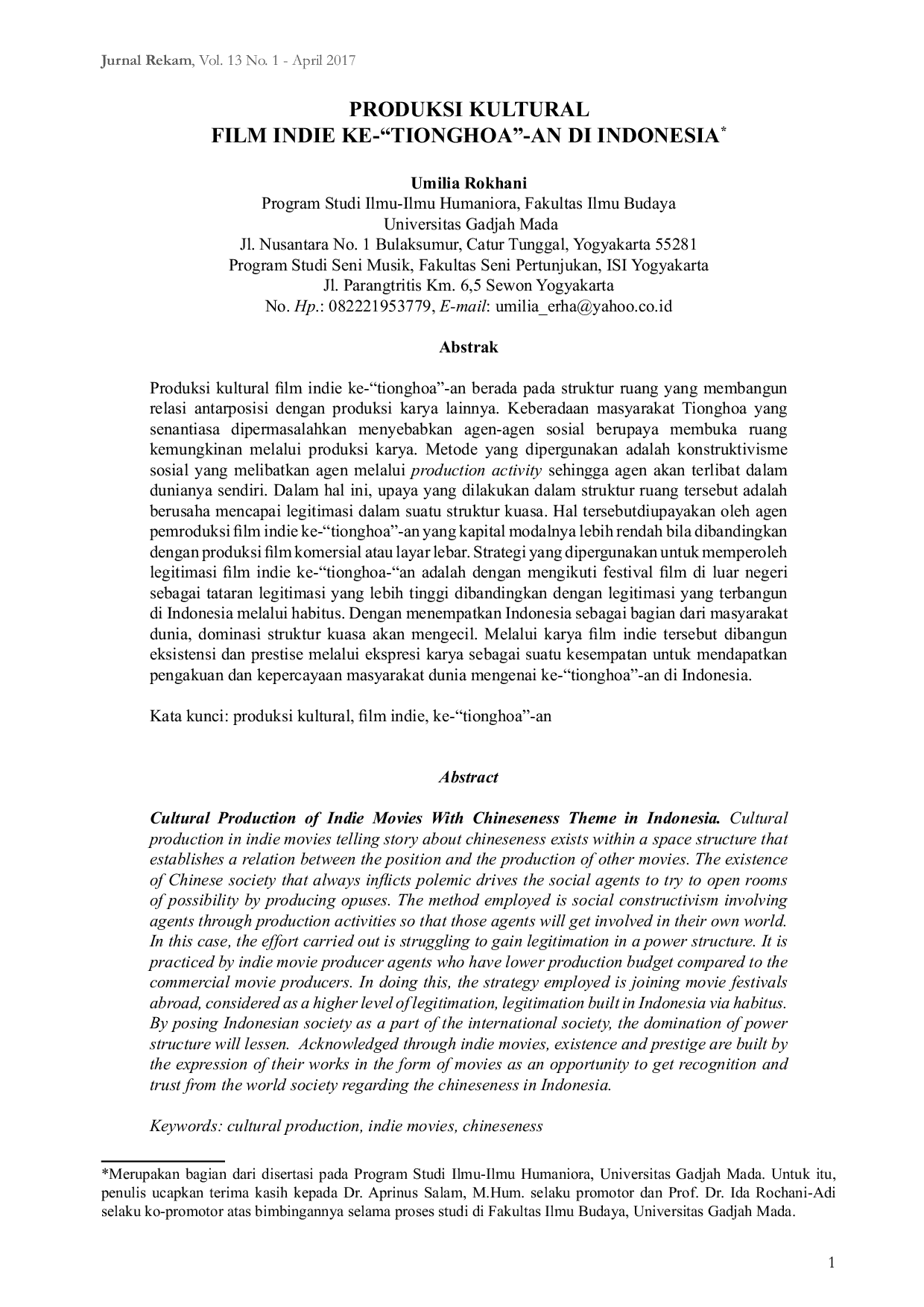 JURIS Produksi Kultural Film Indie Ke Tionghoa An di Indonesia