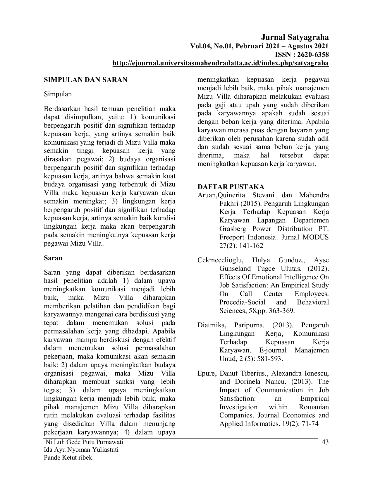 JURIS Pengaruh Komunikasi Budaya Organisasi Dan Lingkungan Kerja Terhadap Kepuasan Kerja Karyawan