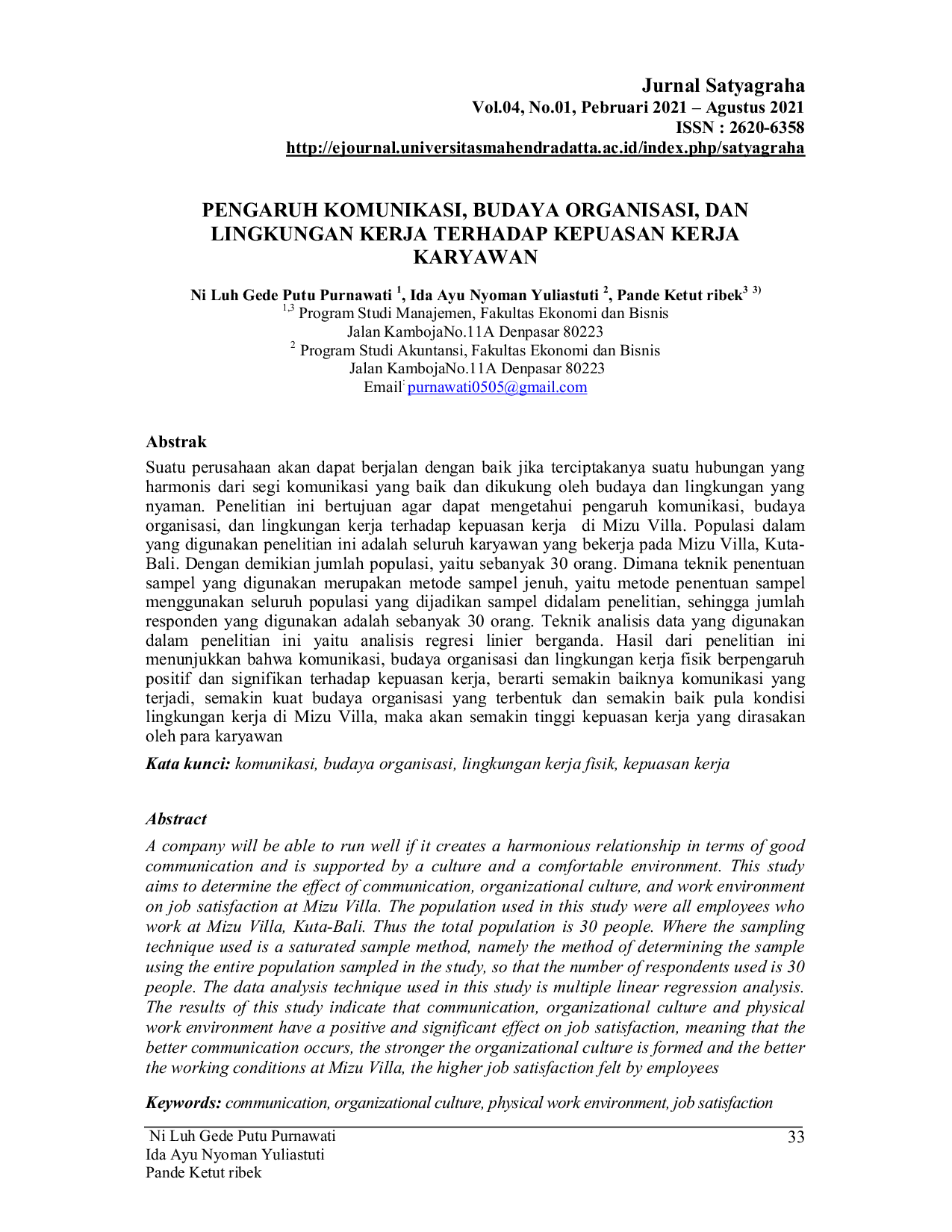 JURIS Pengaruh Komunikasi Budaya Organisasi Dan Lingkungan Kerja Terhadap Kepuasan Kerja Karyawan