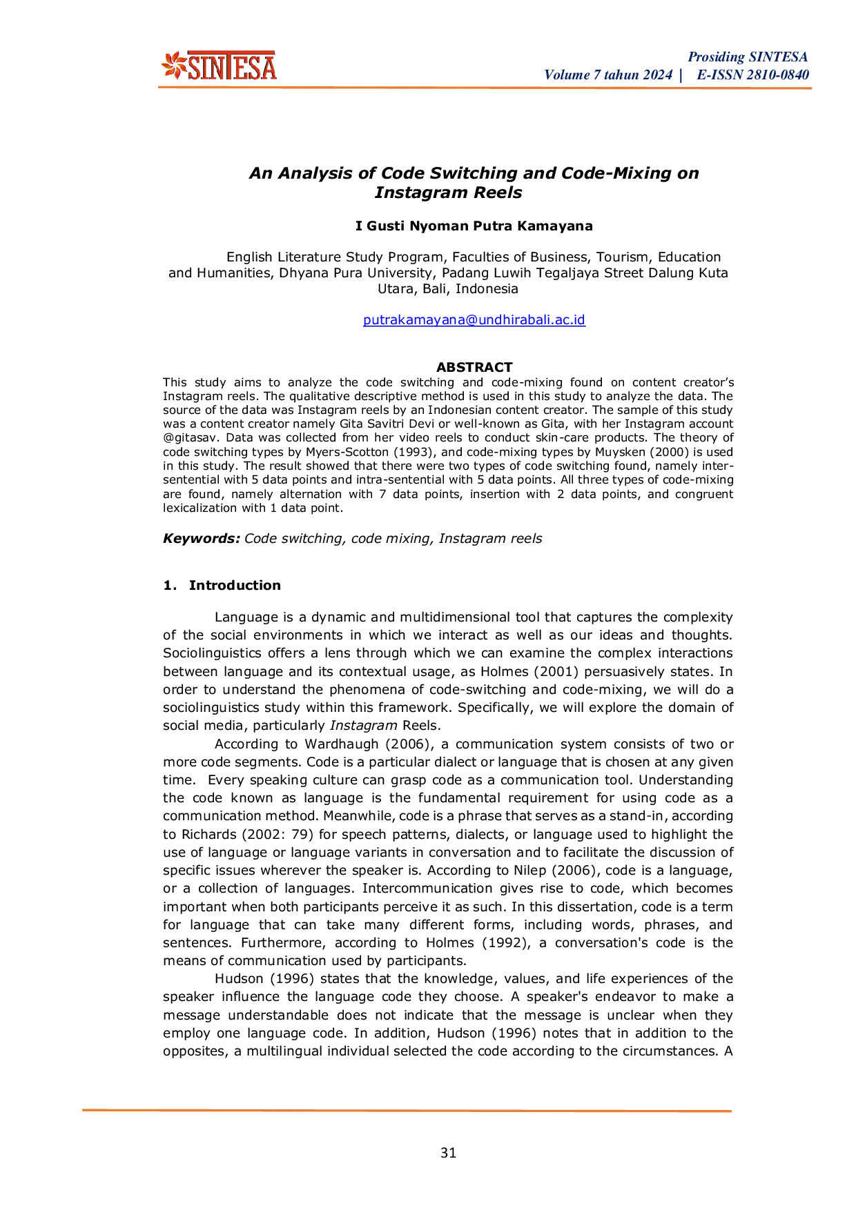 JURIS An Analysis of Code Switching and Code Mixing on Instagram Reels