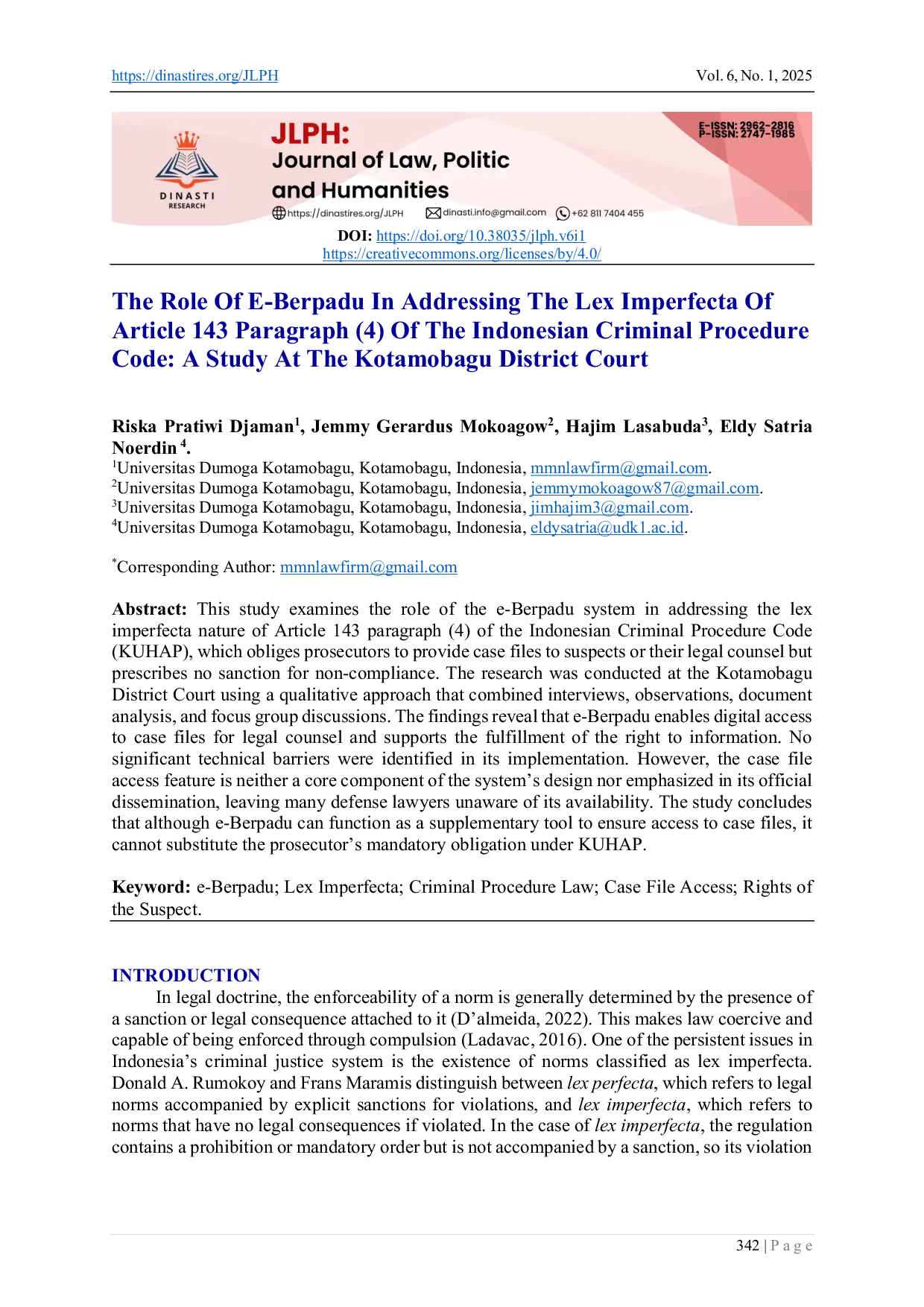 JURIS The Role of e Berpadu in Addressing the Lex Imperfecta of Article 143 Paragraph 4 of the Indonesian Criminal Procedure Code