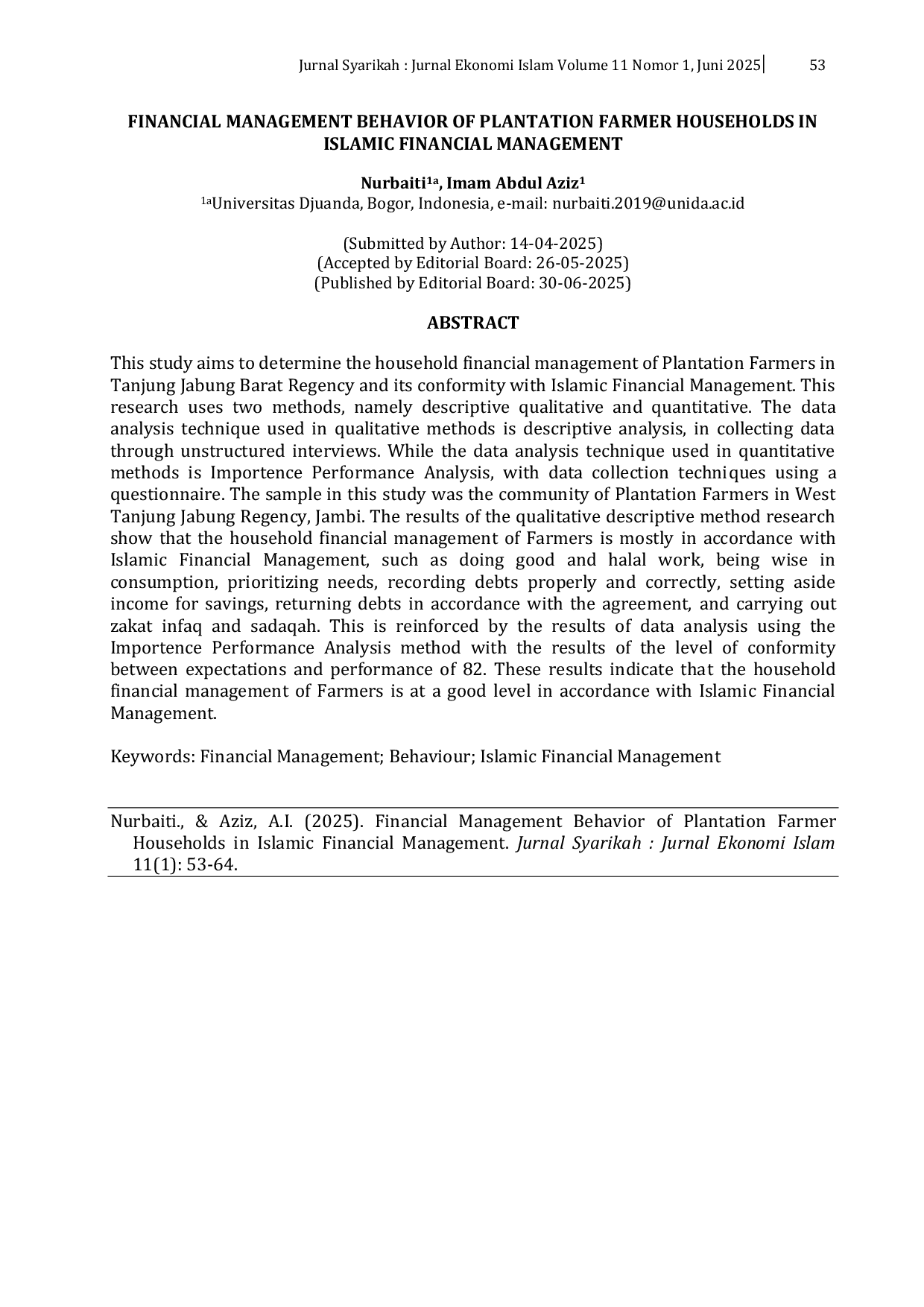 JURIS Financial Management Behavior of Plantation Farmer Households in Islamic Financial Management