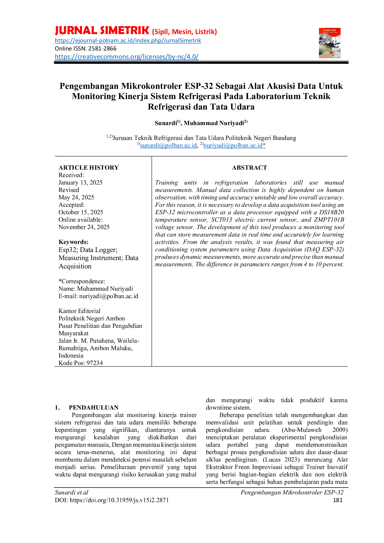 JURIS Pengembangan Mikrokontroler ESP 32 Sebagai Alat Akusisi Data Untuk Monitoring Kinerja Sistem Refrigerasi Pada Laboratorium Teknik Refrigerasi dan Tata Udara