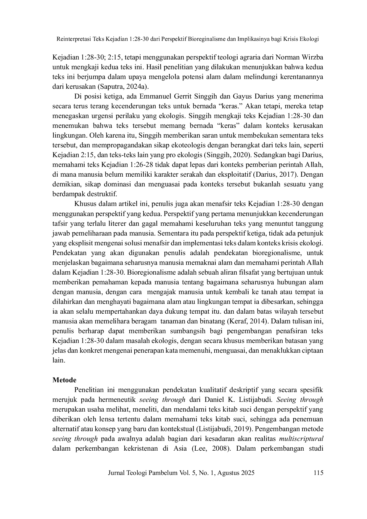 JURIS Reinterpretasi Teks Kejadian 1 28 30 dari Perspektif Bioreginalisme dan Implikasinya bagi Krisis Ekologi