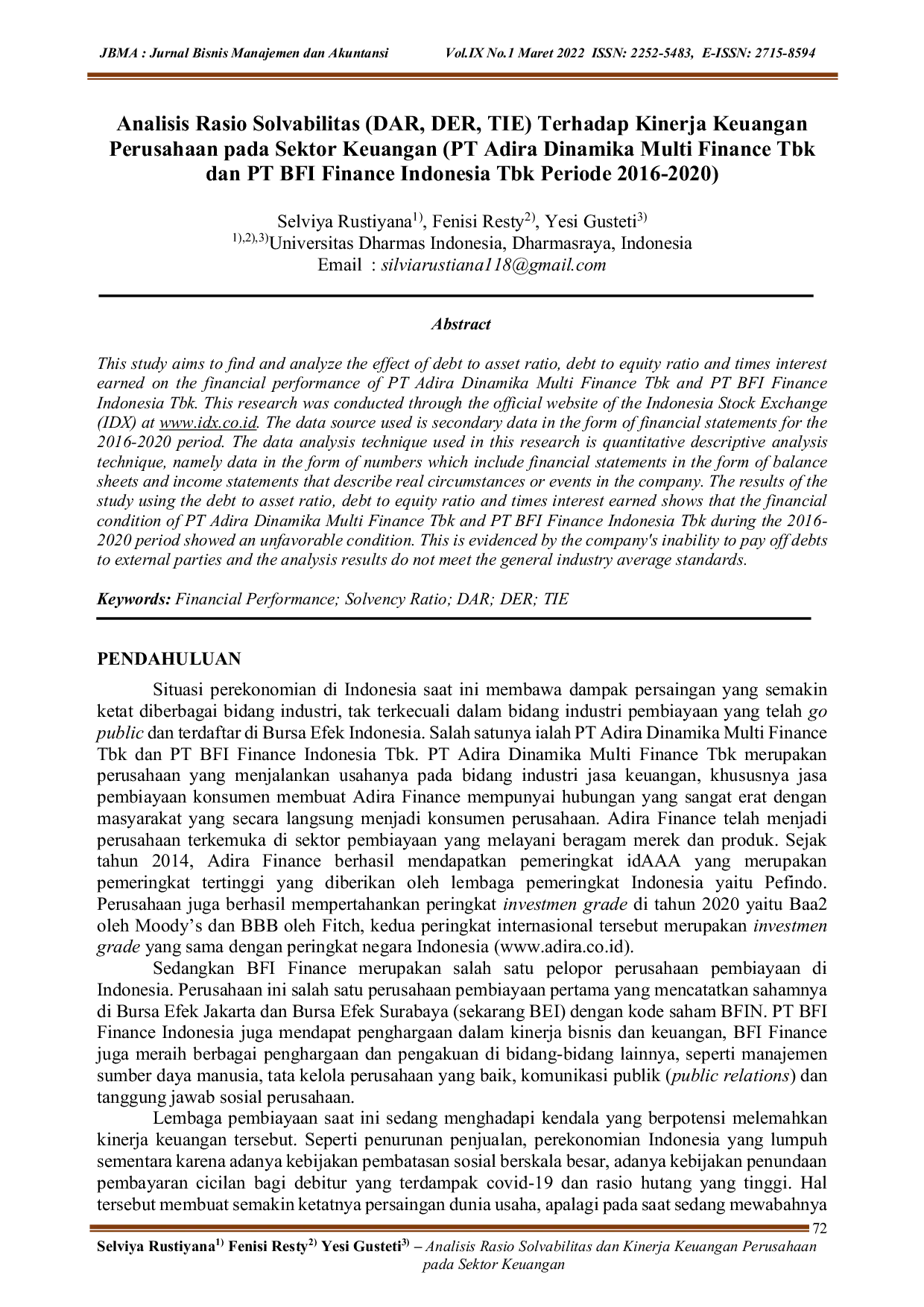 JURIS Analisis Rasio Solvabilitas DAR DER TIE Terhadap Kinerja Keuangan Perusahaan pada Sektor Keuangan PT Adira Dinamika Multi Finance Tbk dan PT BFI Finance Indonesia Tbk Periode 2016 2020