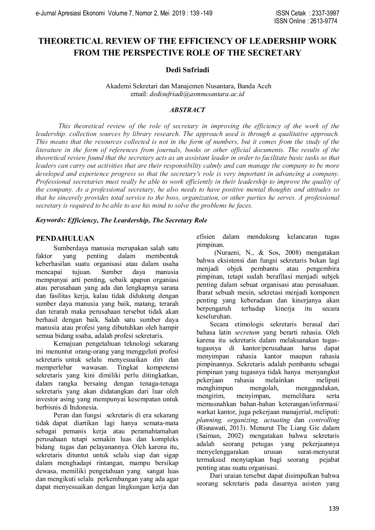 JURIS THEORETICAL REVIEW OF THE EFFICIENCY OF LEADERSHIP WORK FROM THE PERSPECTIVE ROLE OF THE SECRETARY