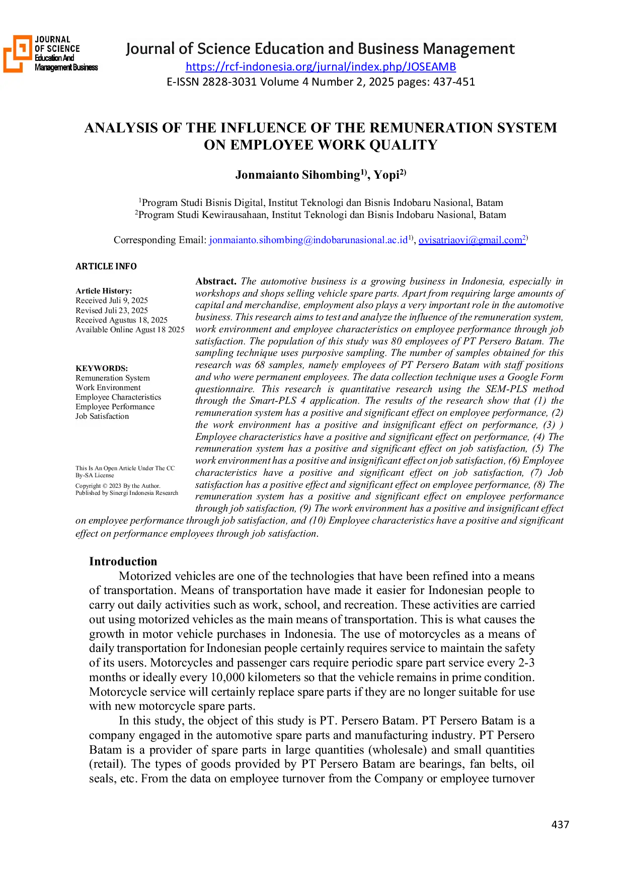 JURIS Analysis Of The Influence Of The Remuneration System On Employee Work Quality