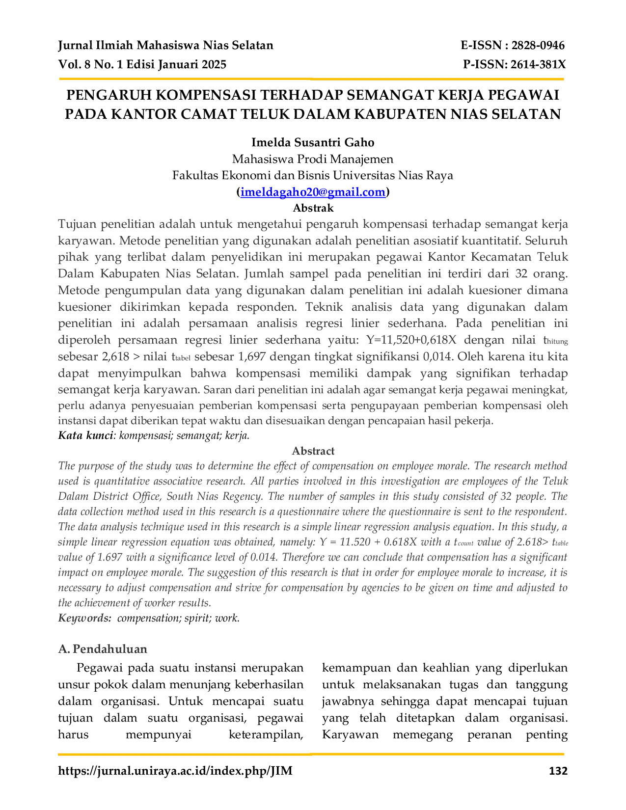 JURIS PENGARUH KOMPENSASI TERHADAP SEMANGAT KERJA PEGAWAI PADA KANTOR CAMAT TELUK DALAM KABUPATEN NIAS SELATAN