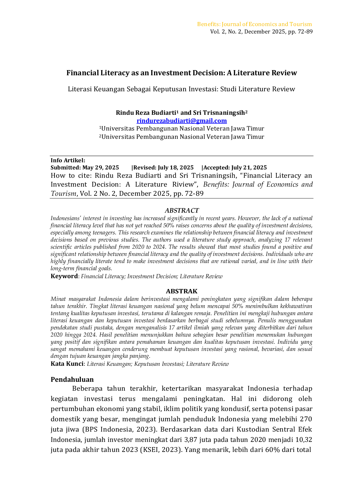 JURIS Financial Literacy as an Investment Decision A Literature Review Literasi Keuangan Sebagai Keputusan Investasi Studi Literature Review