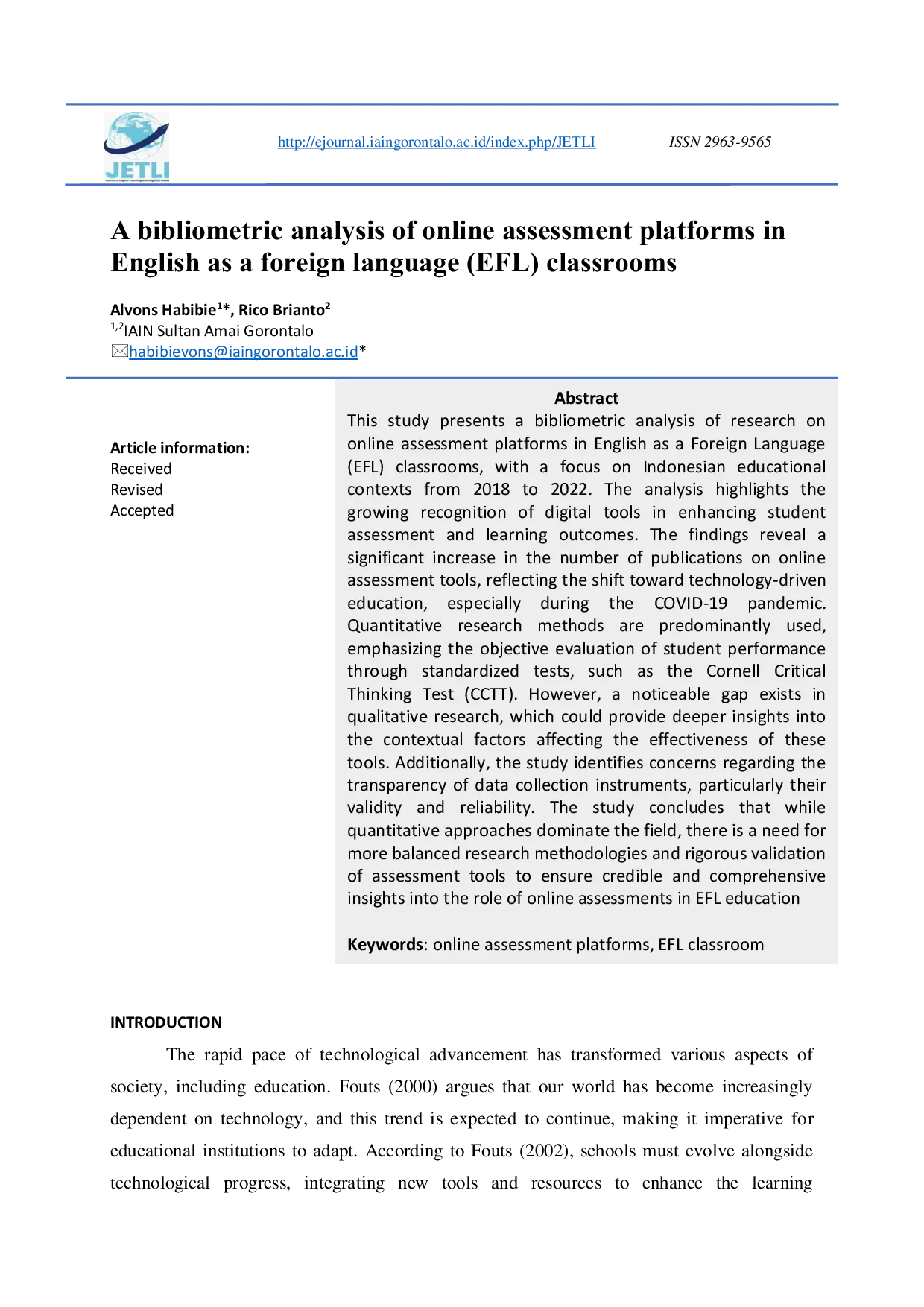 JURIS A Bibliometric Analysis of Online Assessment Platforms in English as a Foreign Language EFL Classrooms
