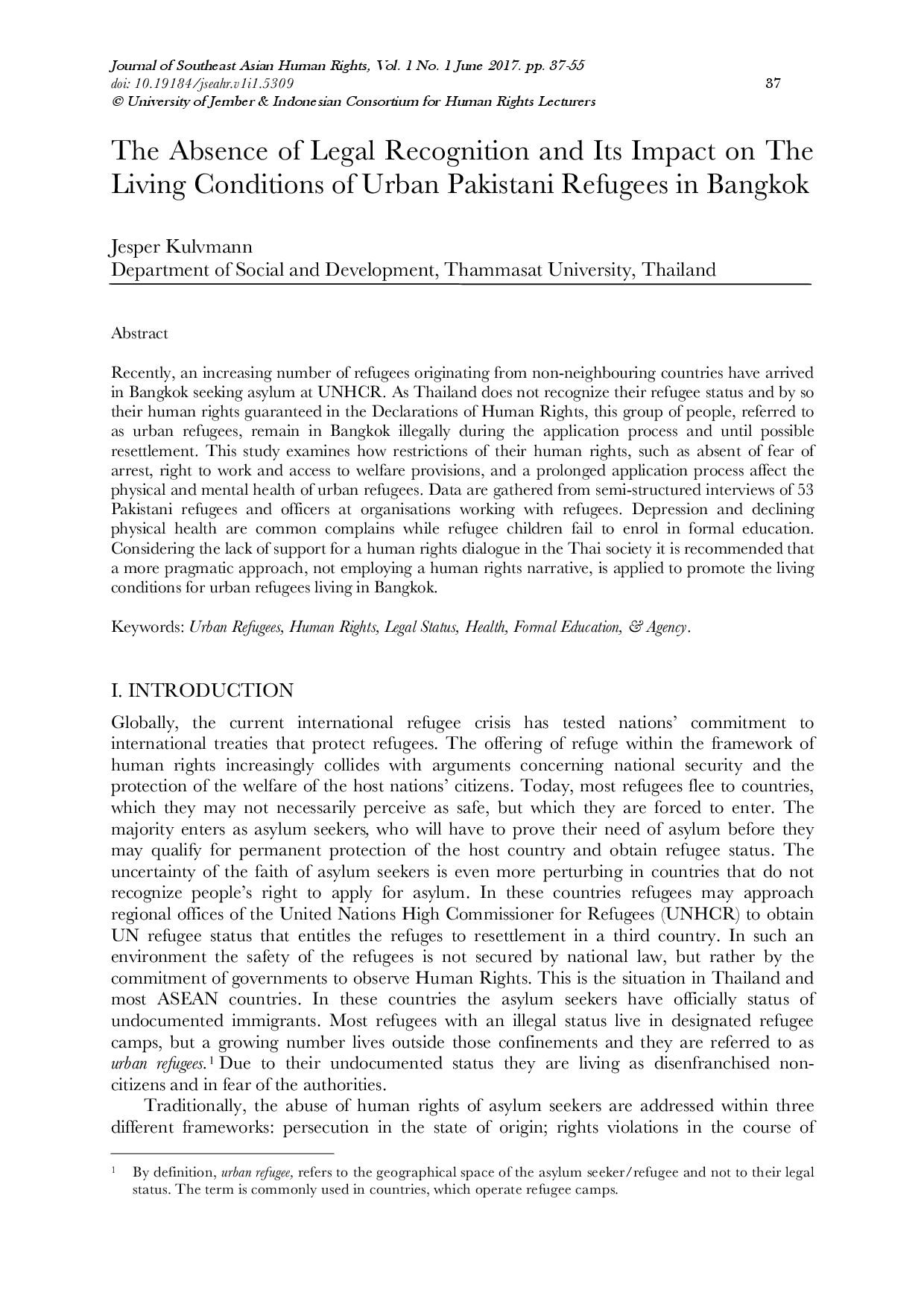 juris The The Absence of Legal Recognition and Its Impact on the Living Conditions of Urban Pakistani Refugees in Bangkok