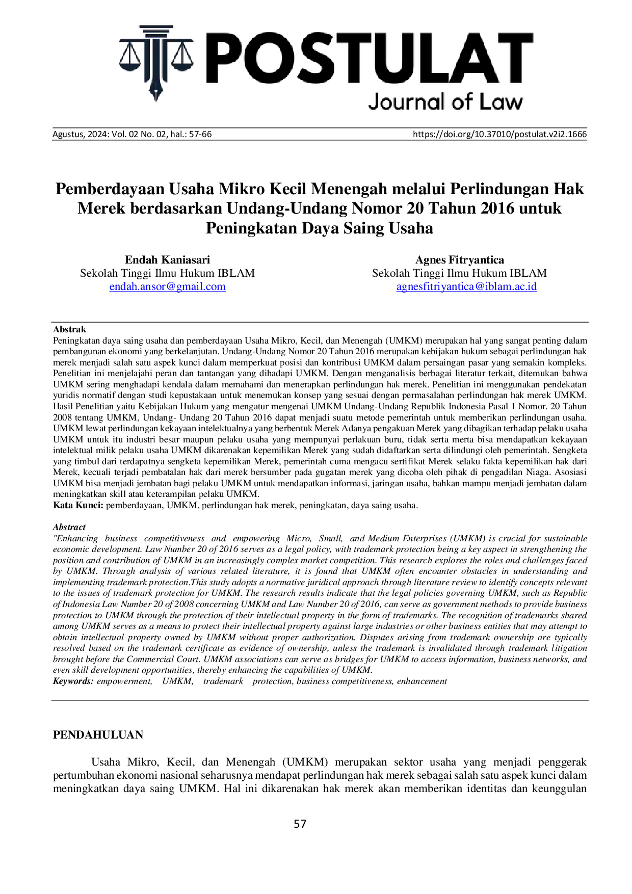 JURIS Empowerment of Micro Small and Medium Enterprises through Trademark Protection under Law Number 20 of