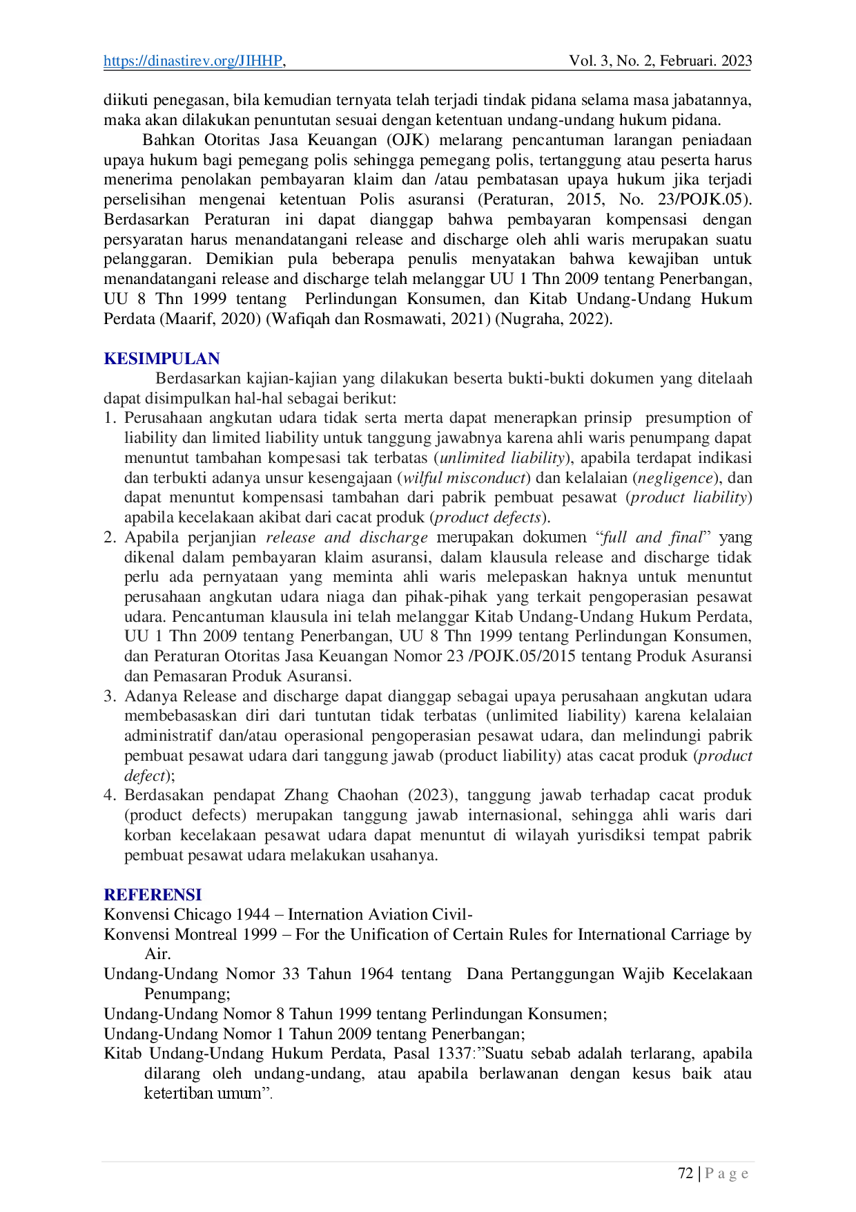 juris Prinsip Presumption of Liability Dikaitkan dengan Release and Discharge Sebagai Persyaratan Pembayaran Kompensasi Meninggalnya Penumpang Akibat Kecelakaan Pesawat Udara Penerbangan dalam Negeri