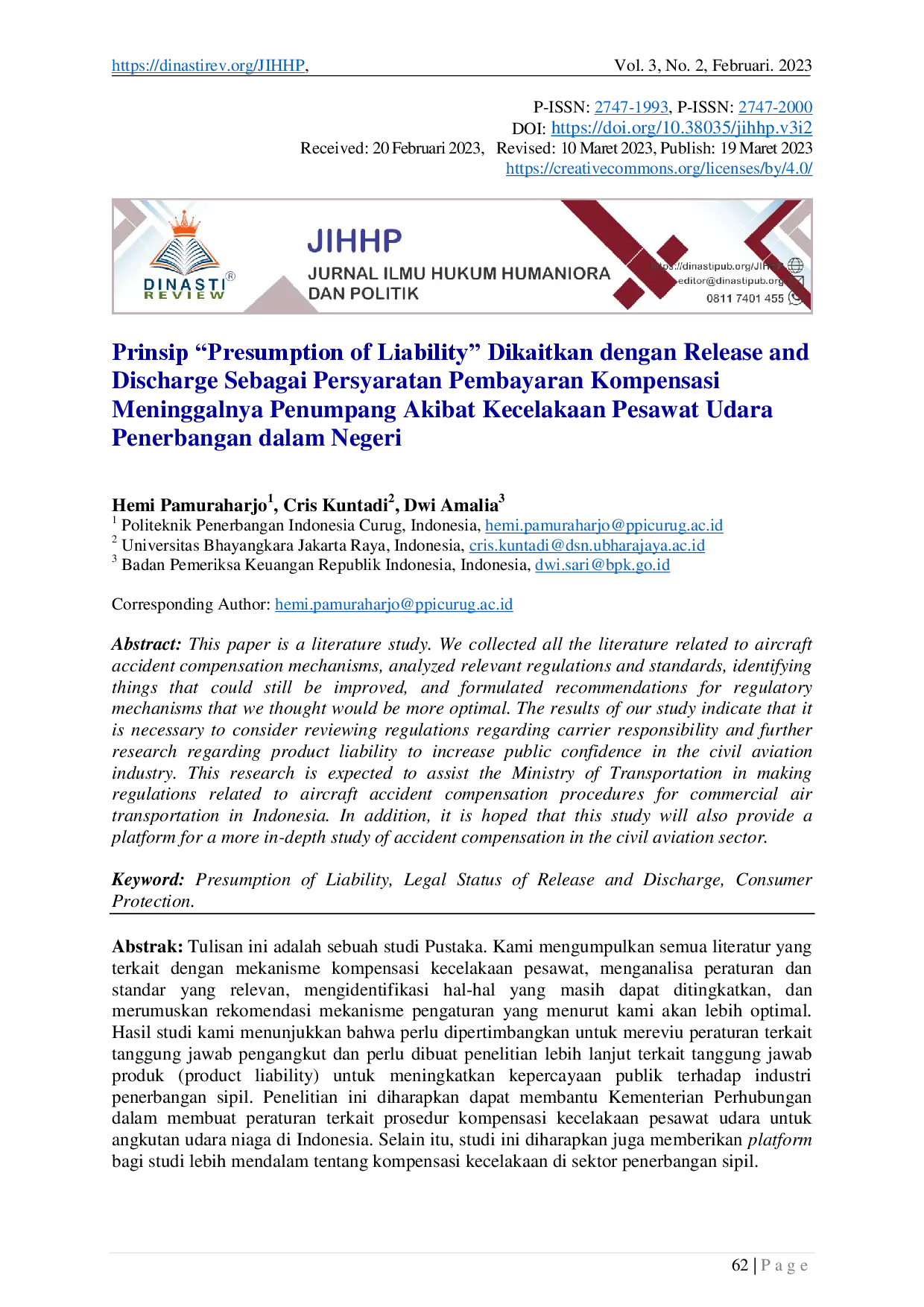 juris Prinsip Presumption of Liability Dikaitkan dengan Release and Discharge Sebagai Persyaratan Pembayaran Kompensasi Meninggalnya Penumpang Akibat Kecelakaan Pesawat Udara Penerbangan dalam Negeri