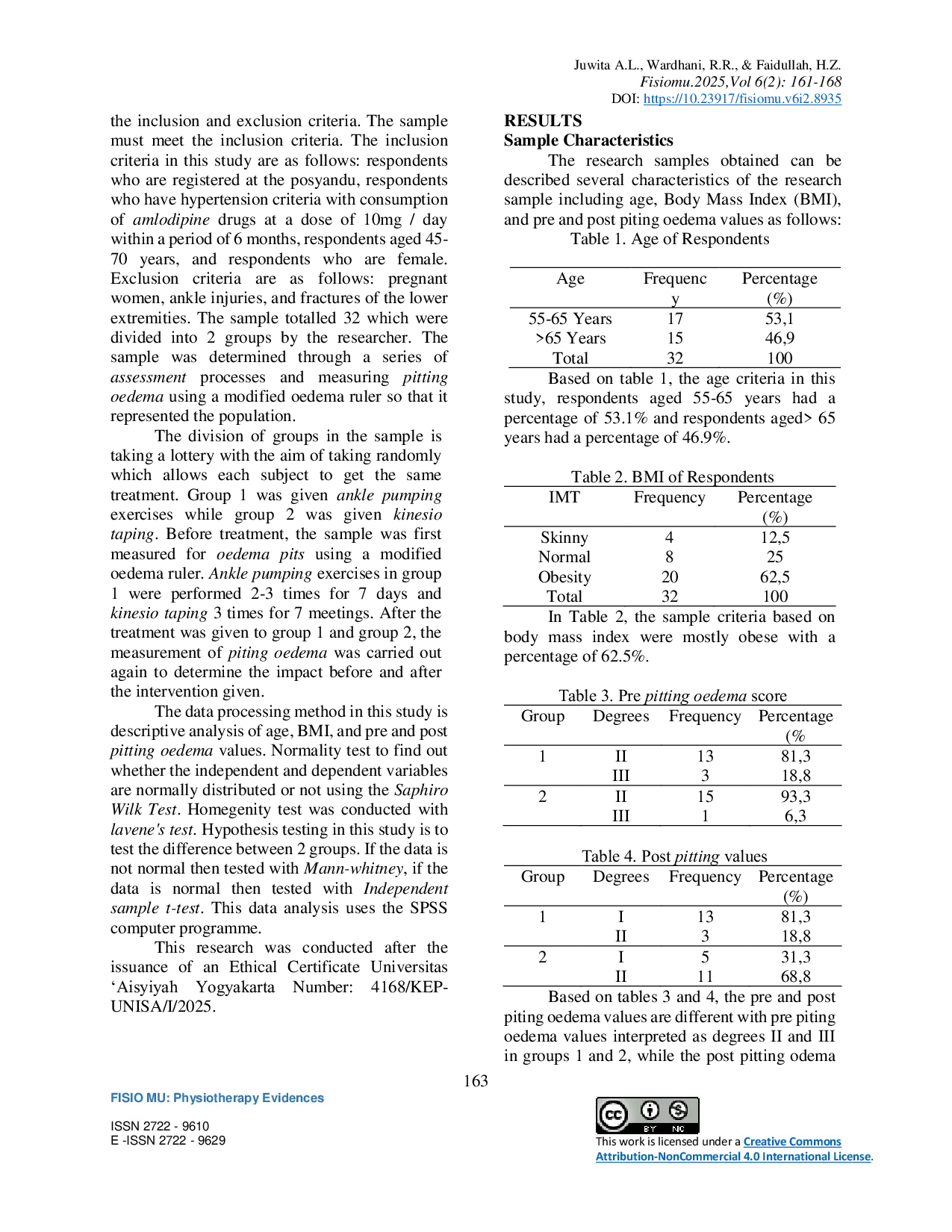 JURIS Differences in the Effect of Ankle Pumping and Kinesio Taping on Pitting Oedema in Hypertensive Patients