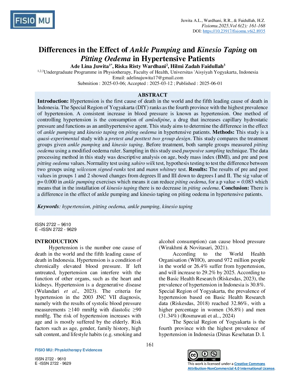 JURIS Differences in the Effect of Ankle Pumping and Kinesio Taping on Pitting Oedema in Hypertensive Patients