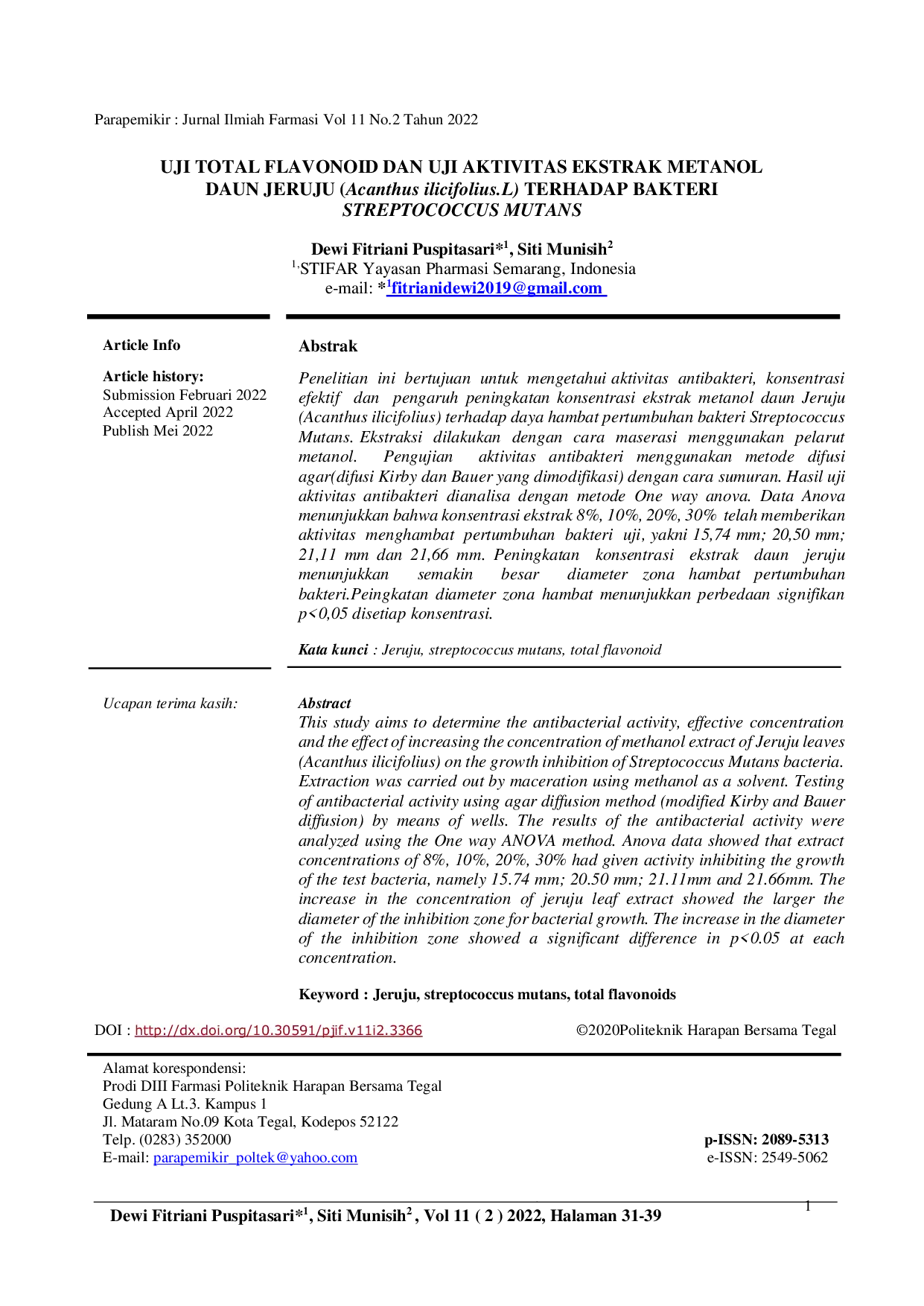 JURIS UJI TOTAL FLAVONOID DAN UJI AKTIVITAS EKSTRAK METANOL DAUN JERUJU Acanthus ilicifolius L TERHADAP BAKTERI STREPTOCOCCUS MUTANS