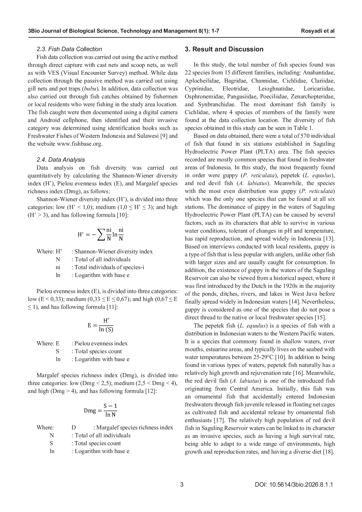 JURIS Diversity and Community Structure of Fish in Saguling Hydroelectric Power Plant PLTA Area Bandung Barat Regency