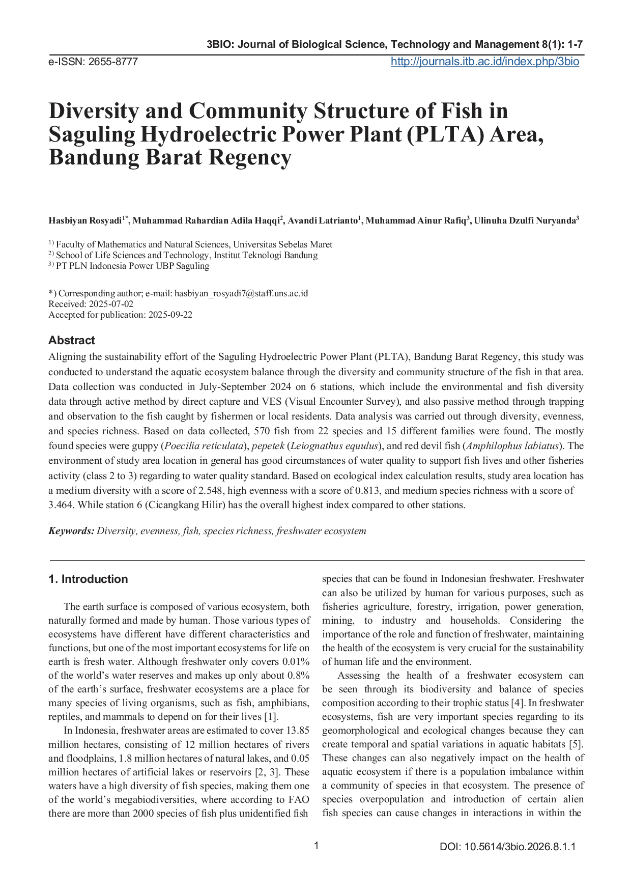 JURIS Diversity and Community Structure of Fish in Saguling Hydroelectric Power Plant PLTA Area Bandung Barat Regency