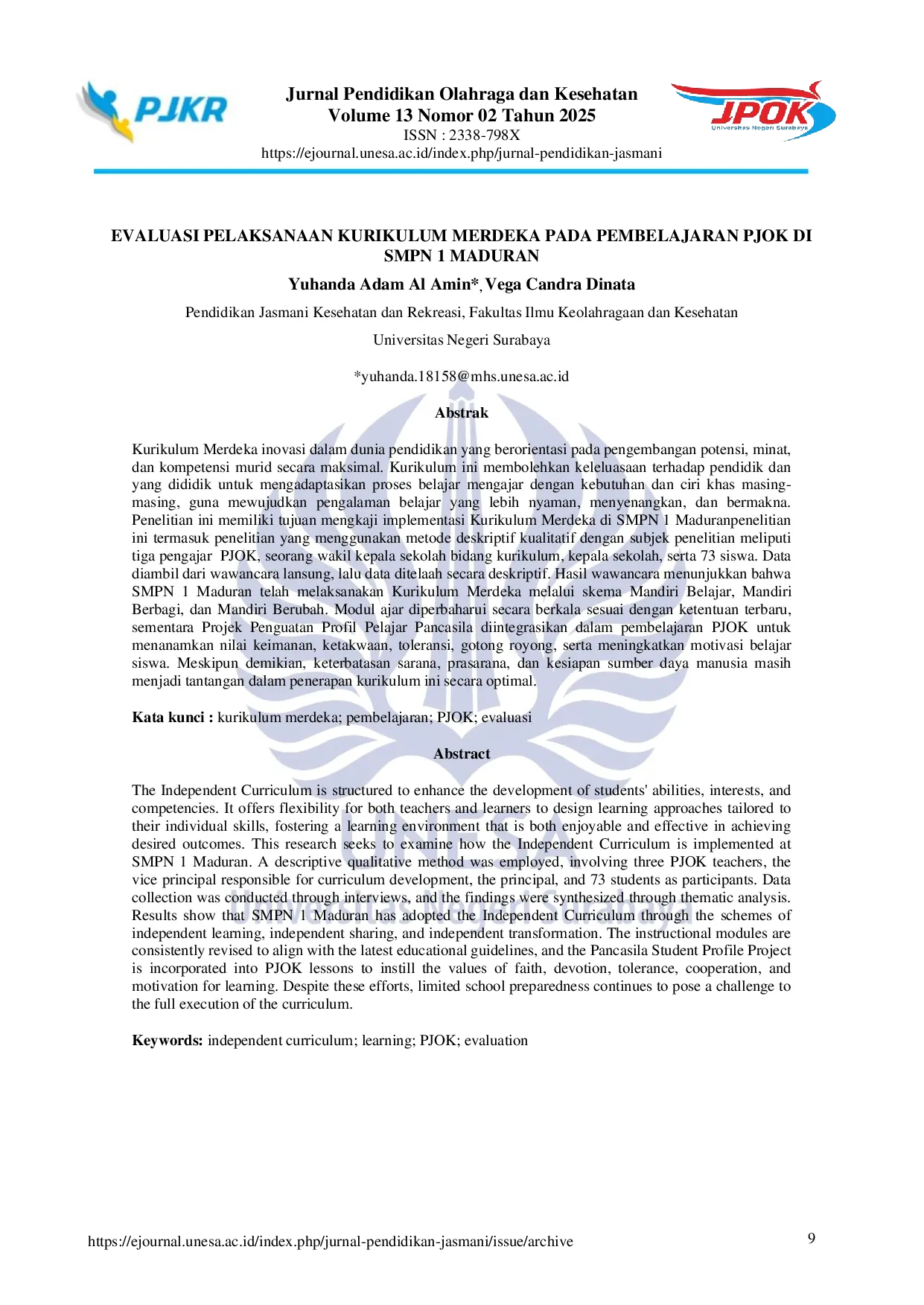 JURIS Evaluasi Pelaksanaan Kurikulum Merdeka Pada Pembelajaran PJOK Di SMPN 1 Maduran