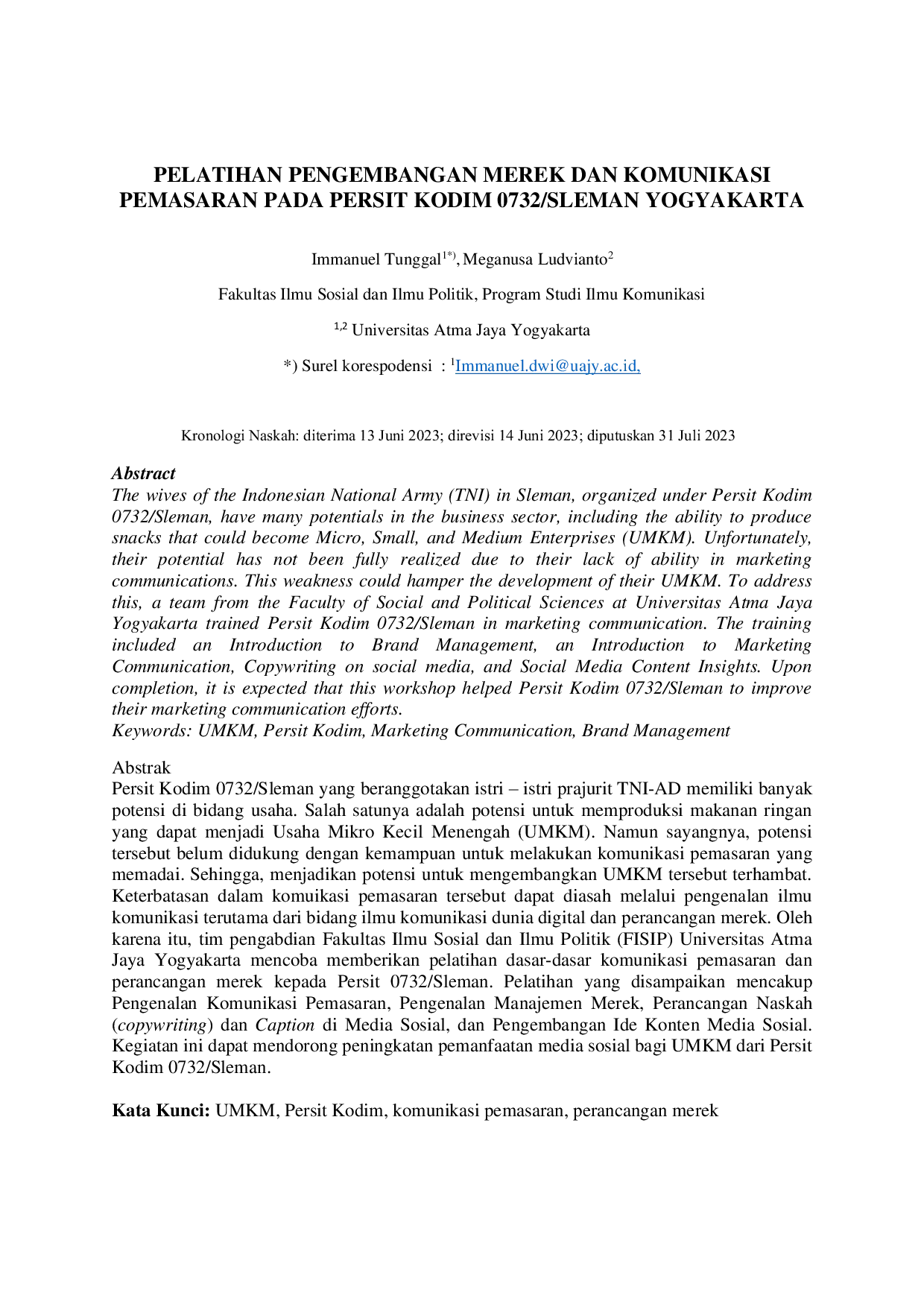JURIS Pelatihan Pengembangan Merek dan Komunikasi Pemasaran pada Persit Kodim 0732 Sleman Yogyakarta