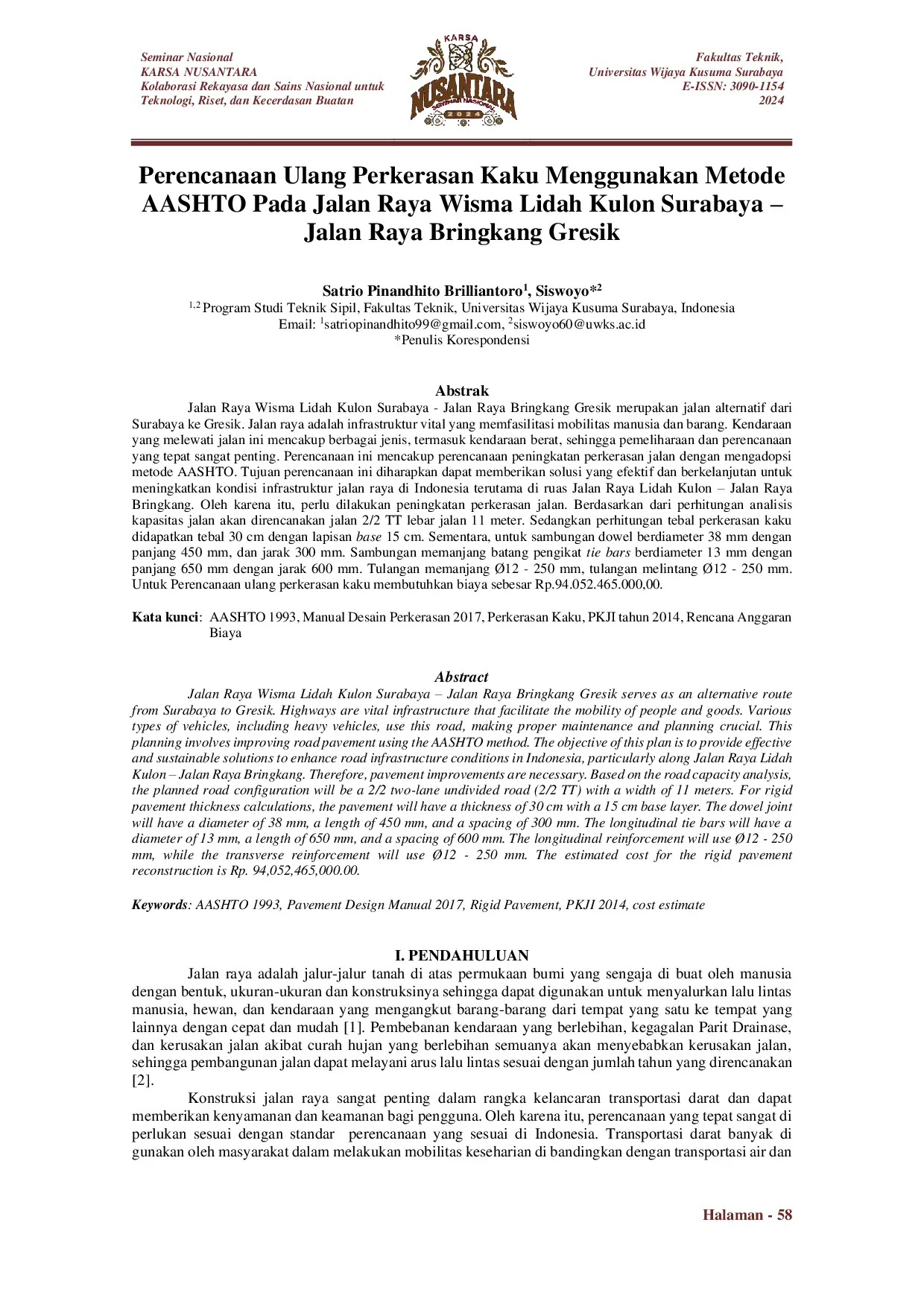 JURIS Perencanaan Ulang Perkerasan Kaku Menggunakan Metode AASHTO Pada Jalan Raya Wisma Lidah Kulon Surabaya Jalan Raya Bringkang Gresik