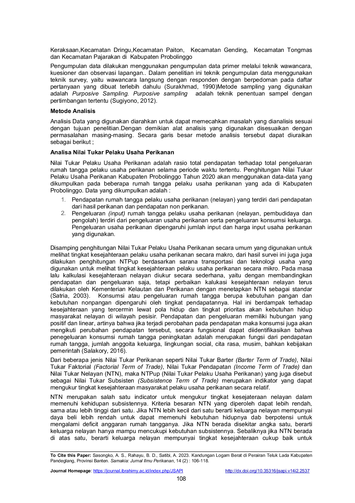 JURIS Analisis Nilai Tukar Nelayan Berdasar Alat Tangkap pada Era New Normal di Kabupaten Probolinggo Jawa Timur
