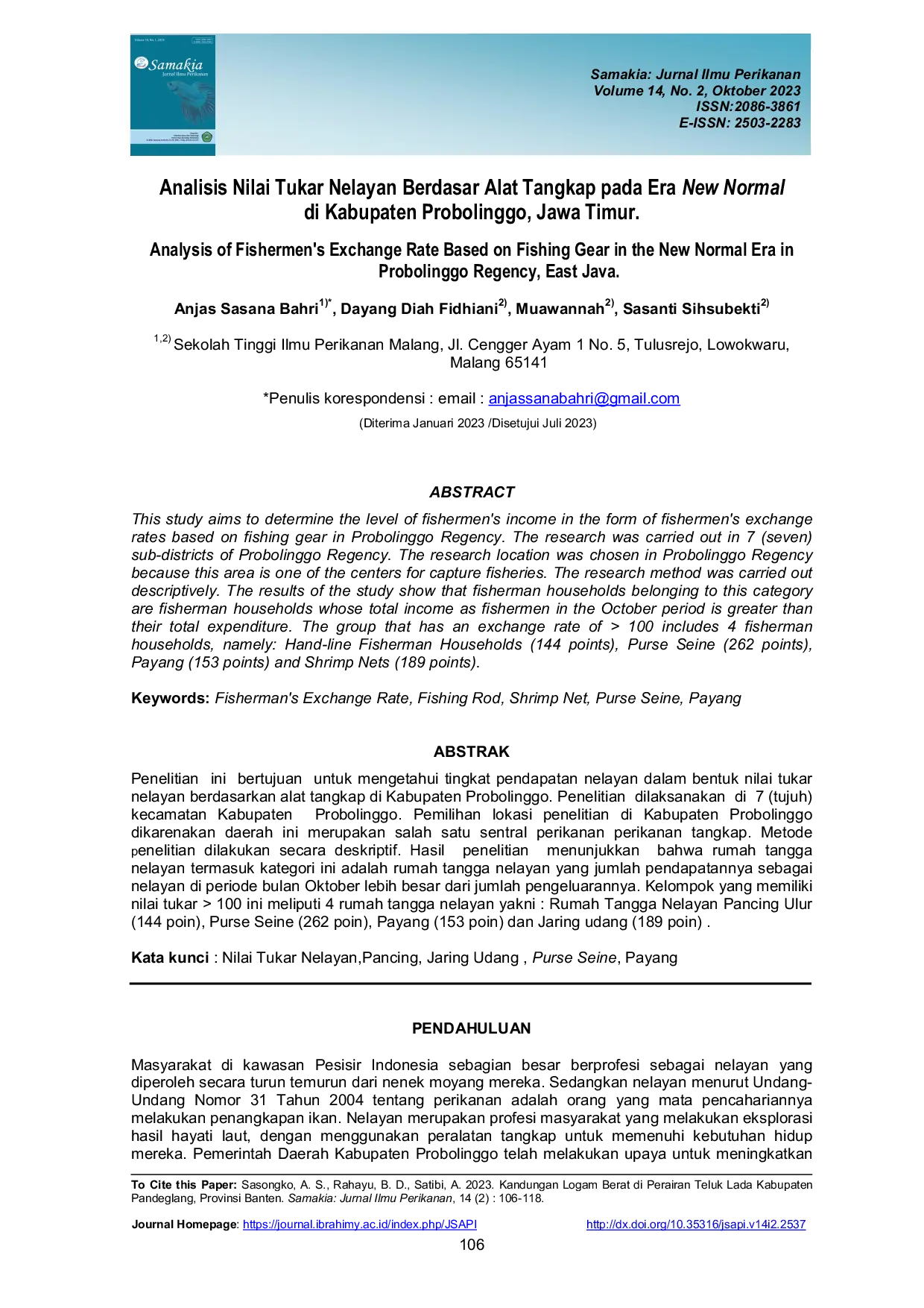 JURIS Analisis Nilai Tukar Nelayan Berdasar Alat Tangkap pada Era New Normal di Kabupaten Probolinggo Jawa Timur