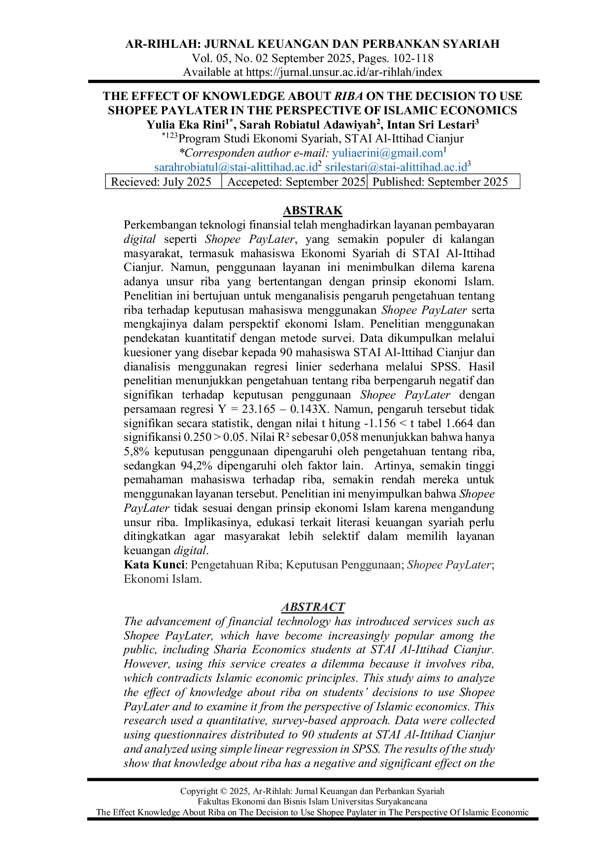 JURIS Pengaruh Pengetahuan Tentang Riba Terhadap Keputusan Penggunaan Shopee PayLater dalam Perspektif Ekonomi Islam