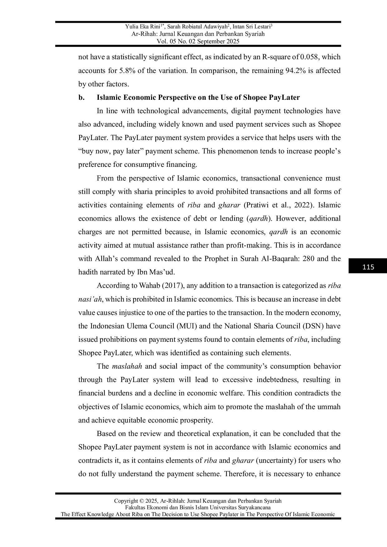 JURIS Pengaruh Pengetahuan Tentang Riba Terhadap Keputusan Penggunaan Shopee PayLater dalam Perspektif Ekonomi Islam