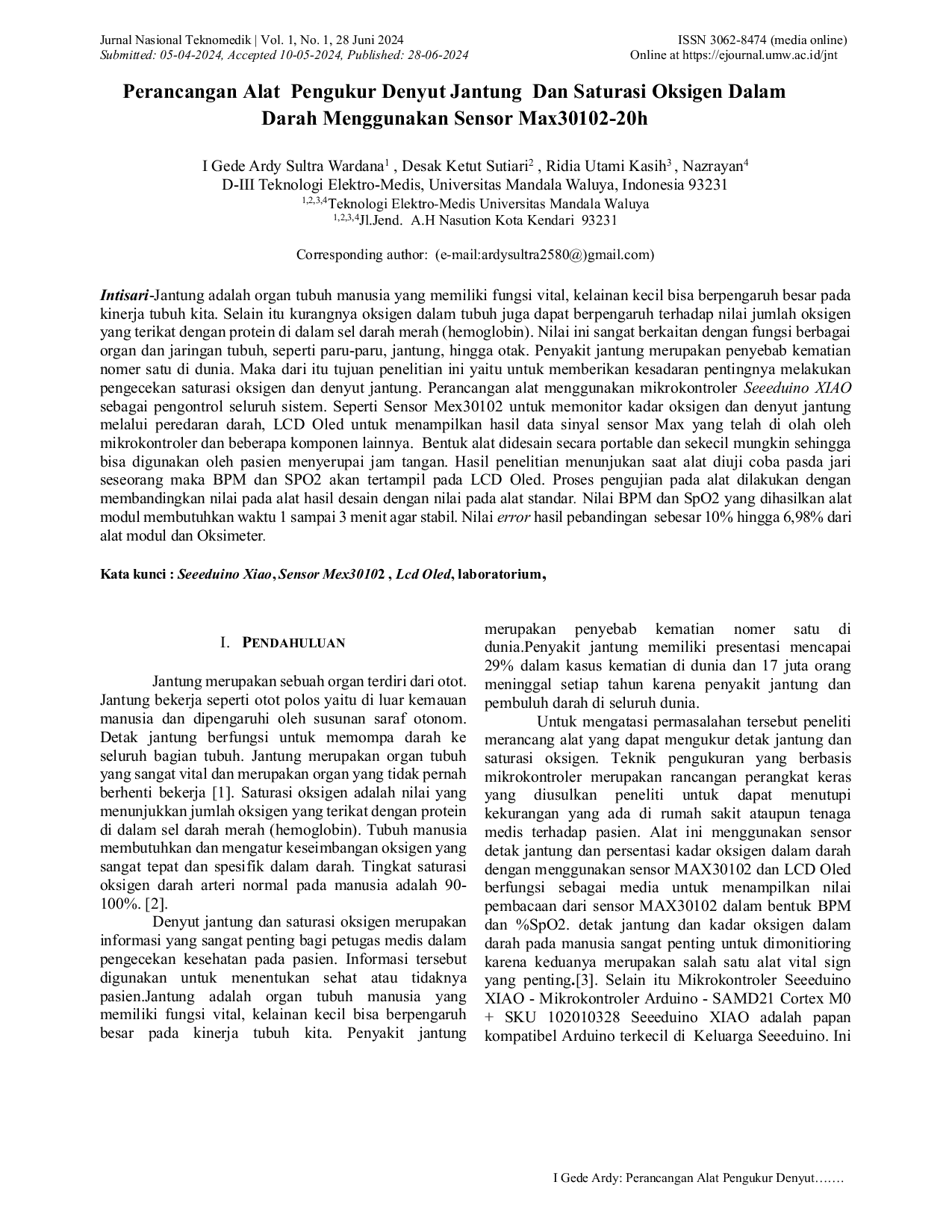 JURIS Perancangan Alat Pengukur Denyut Jantung Dan Saturasi Oksigen Dalam Darah Menggunakan Sensor Mex30102 20h