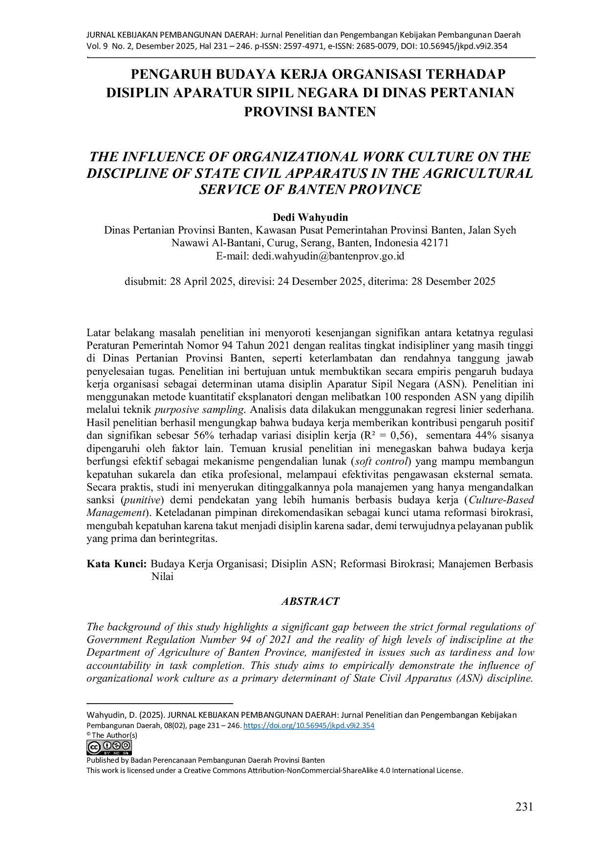 JURIS PENGARUH BUDAYA KERJA ORGANISASI TERHADAP DISIPLIN APARATUR SIPIL NEGARA DI DINAS PERTANIAN PROVINSI BANTEN