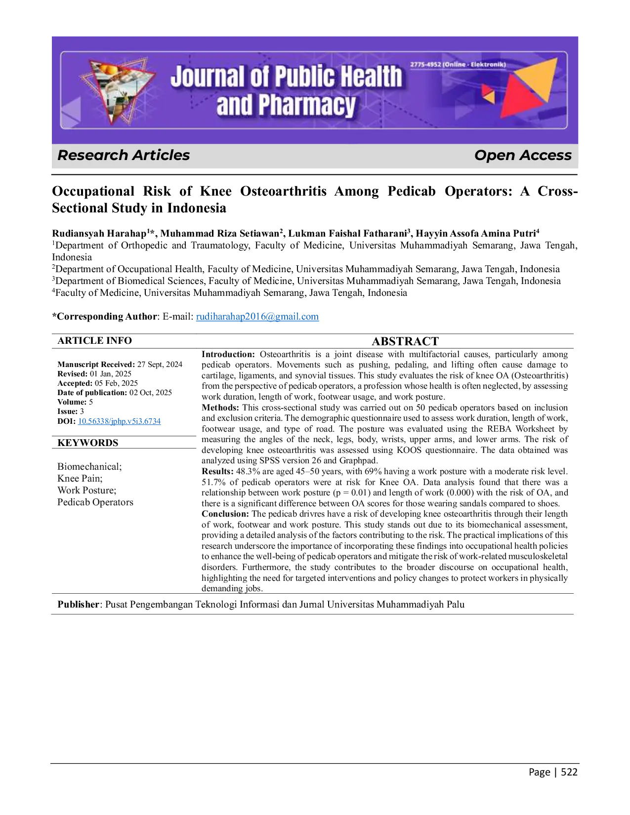 JURIS Occupational Risk Of Knee Osteoarthritis Among Pedicab Operators A Cross Sectional Study In Indonesia