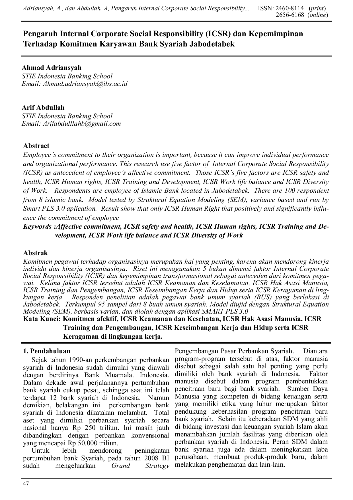 JURIS Pengaruh Internal Corporate Social Responsibility ICSR dan Kepemimpinan Terhadap Komitmen Karyawan Bank Syariah Jabodetabek