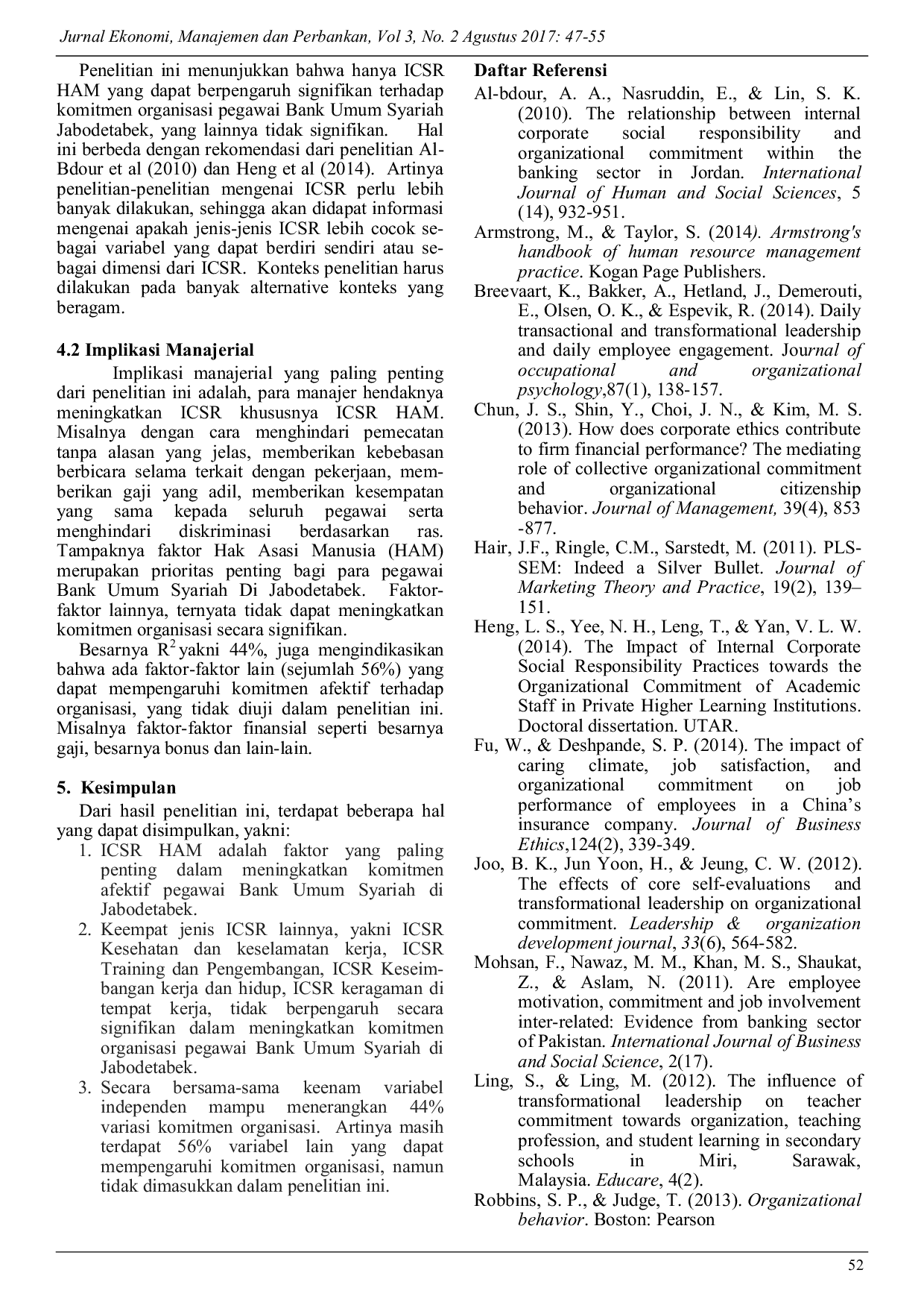 JURIS Pengaruh Internal Corporate Social Responsibility ICSR dan Kepemimpinan Terhadap Komitmen Karyawan Bank Syariah Jabodetabek