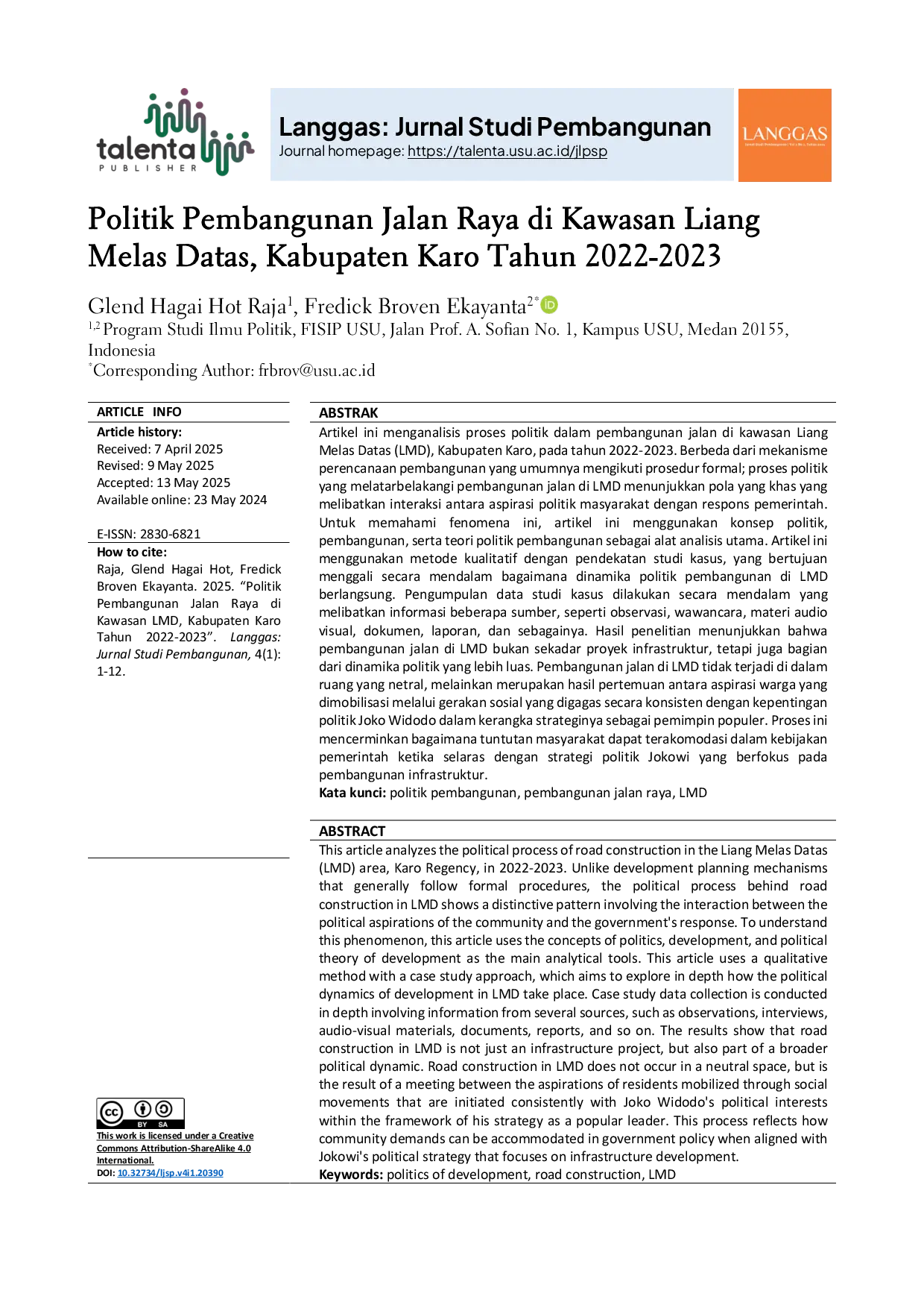 JURIS Politik Pembangunan Jalan Raya di Kawasan Liang Melas Datas Kabupaten Karo Tahun 2022 2023