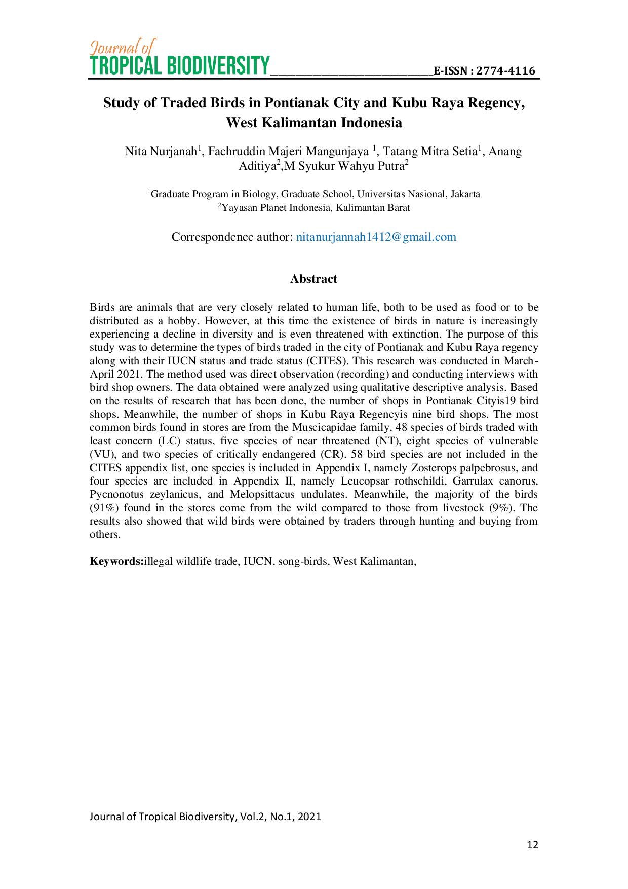 JURIS Study of Traded Birds in Pontianak City and Kubu Raya Regency West Kalimantan Indonesia